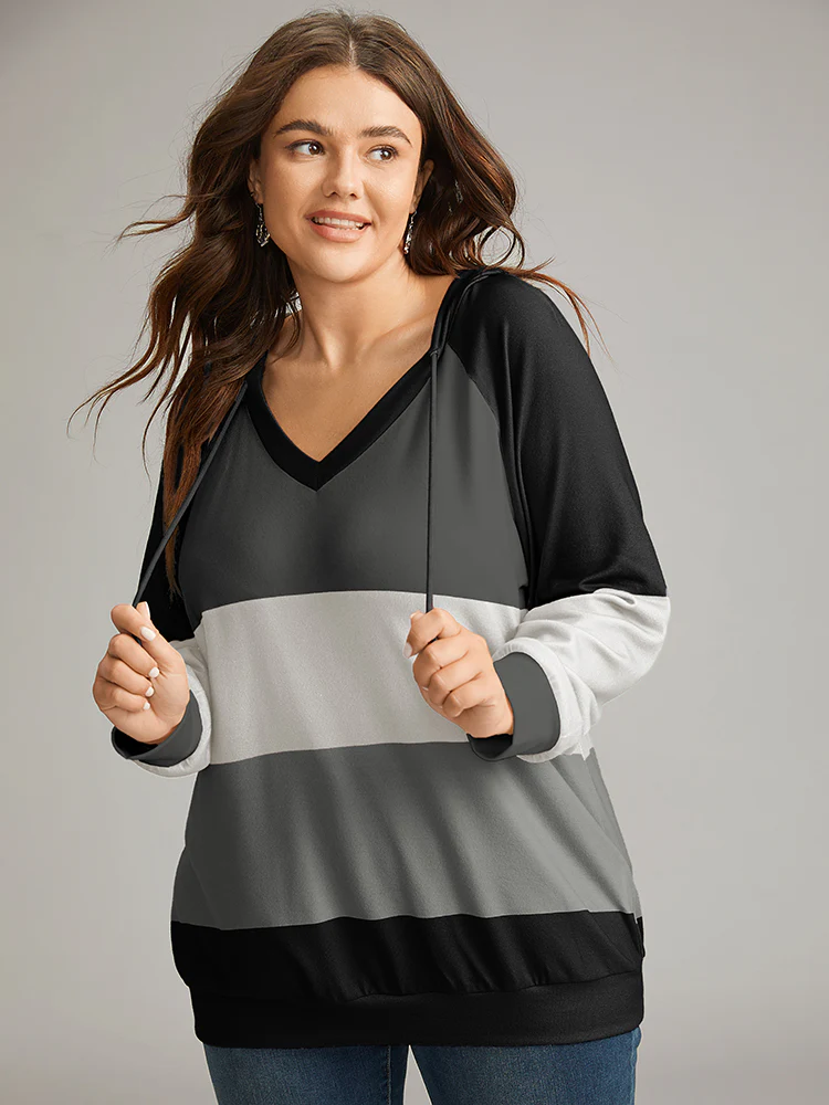 Colorblock Contrast Hooded Drawstring Sweatshirt