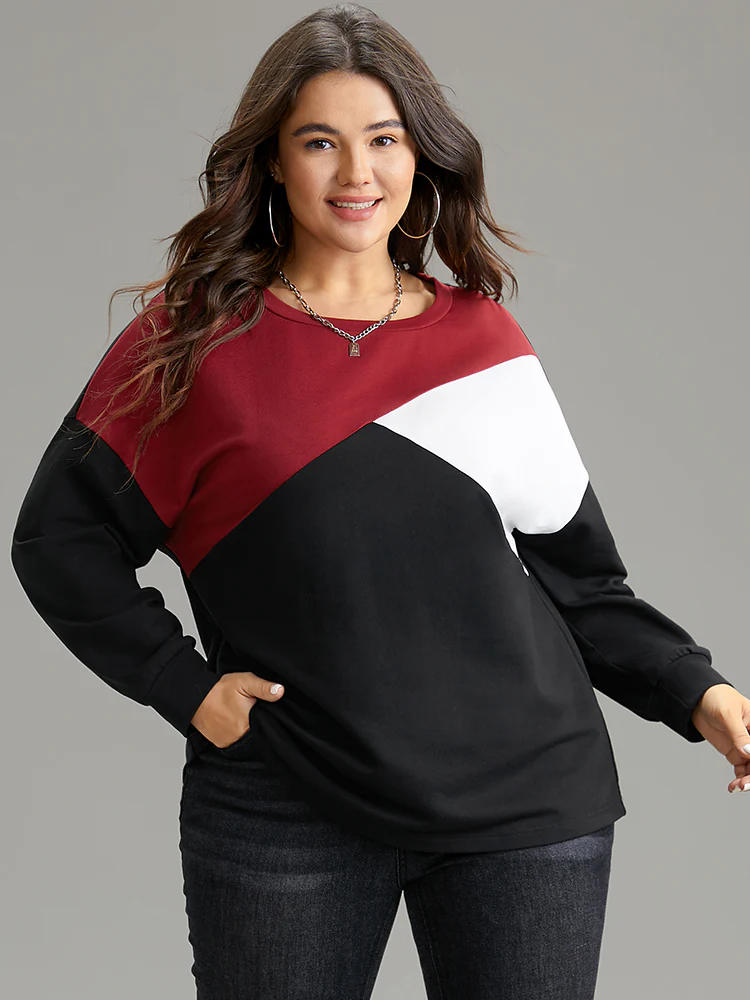 Colorblock Contrast Round Neck Drop Shoulder Sweatshirt