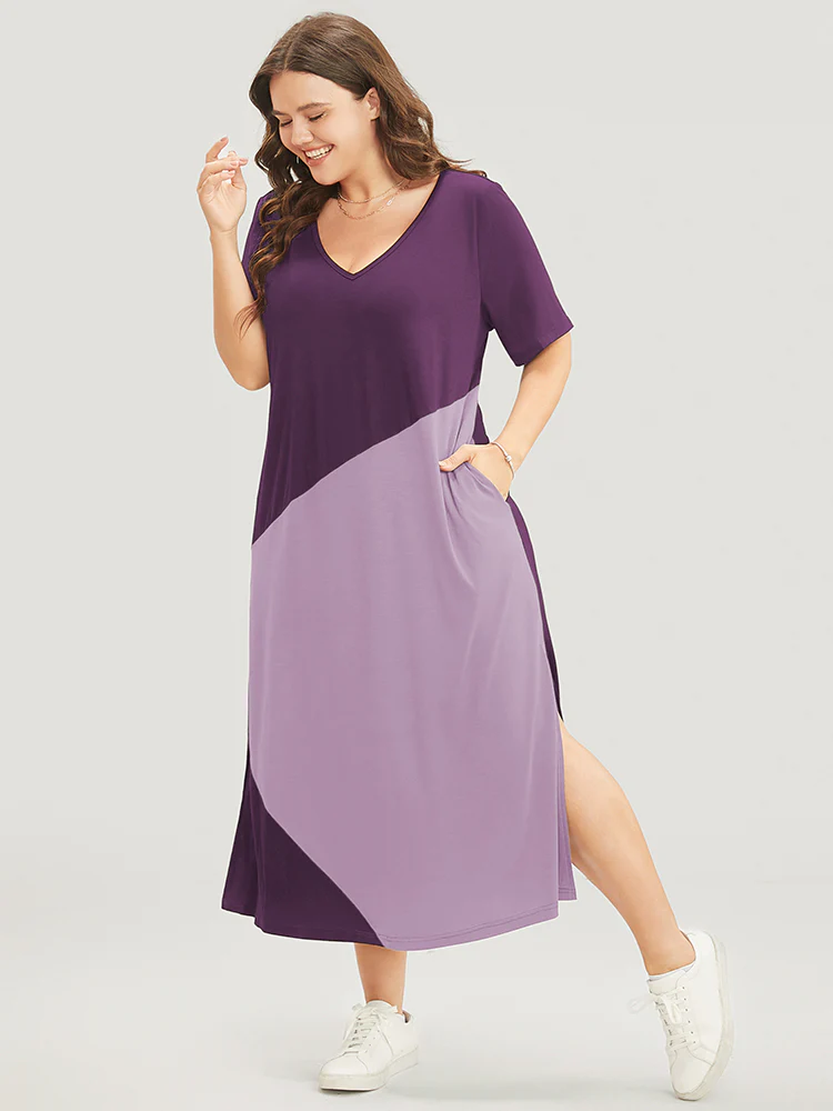Colorblock Contrast V Neck Pocket Split Hem Dress