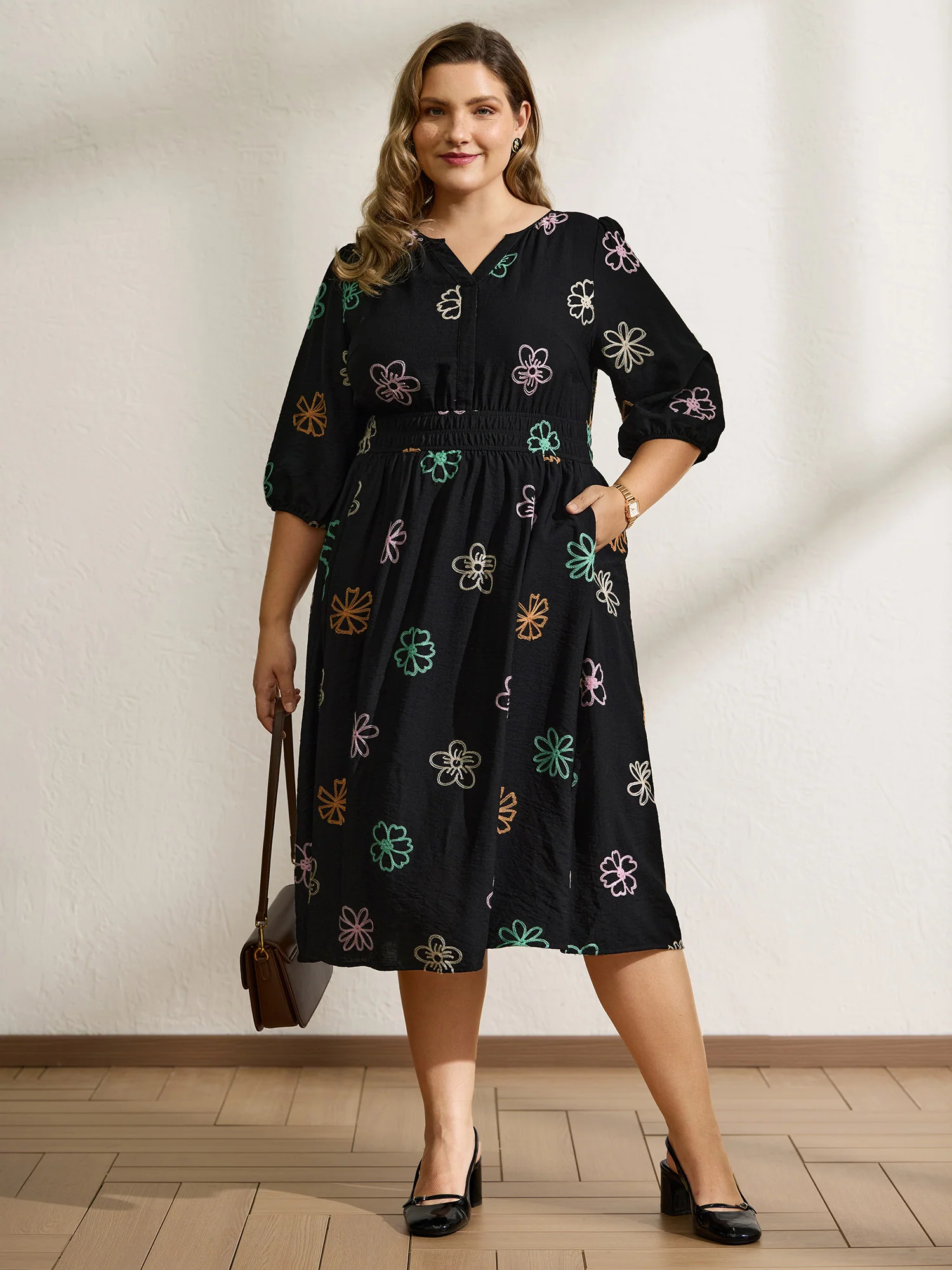 Colorful Embroidered Waist-Defining Midi Dress
