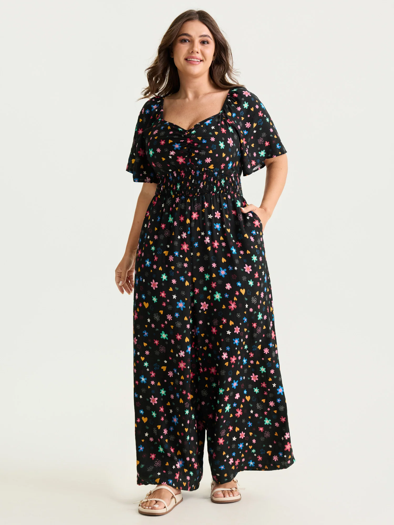 Colorful Floral Heart Print Cinched-Waist Jumpsuit