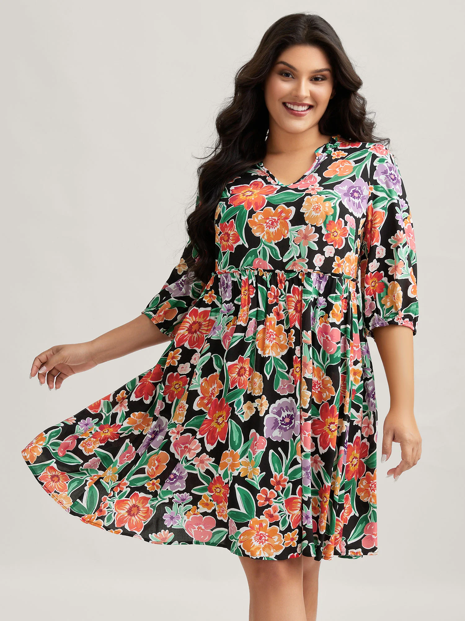 Colorful Floral Print Pockets Knee-Length Dress