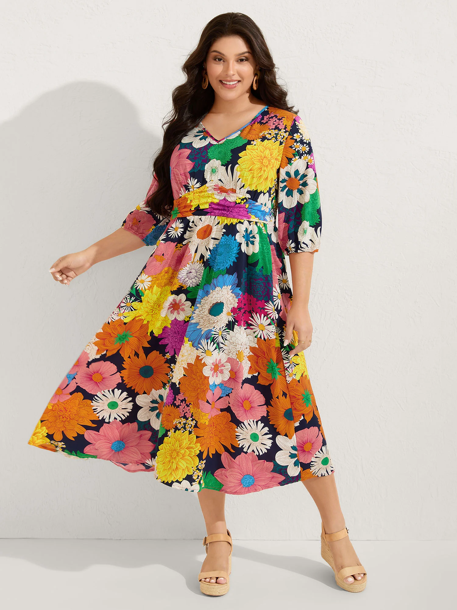 Colorful Floral Print Shirred Waist Midi Dress