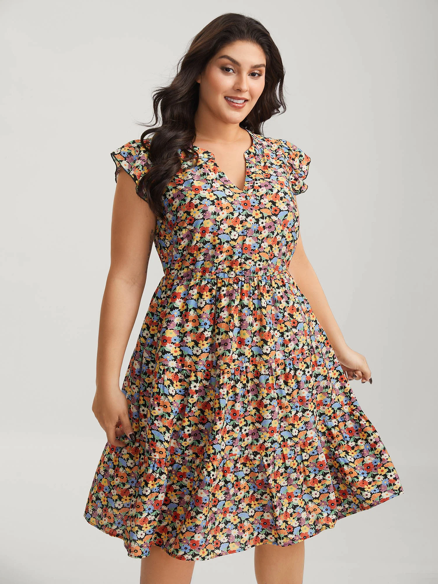 Rayon Colorful Floral Print Tiered Pockets Midi Dress