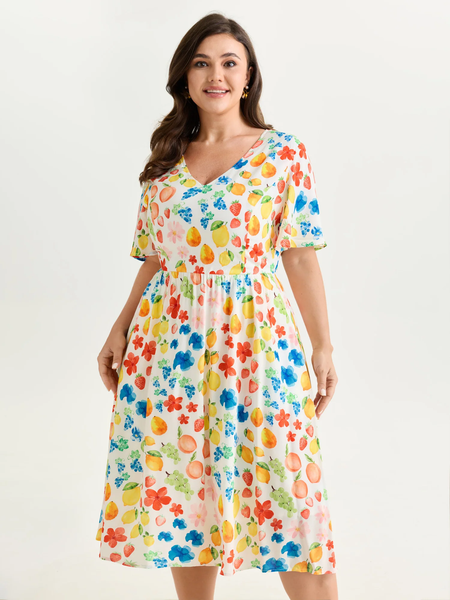 Colorful Fruit Print V-Neck Midi Dress