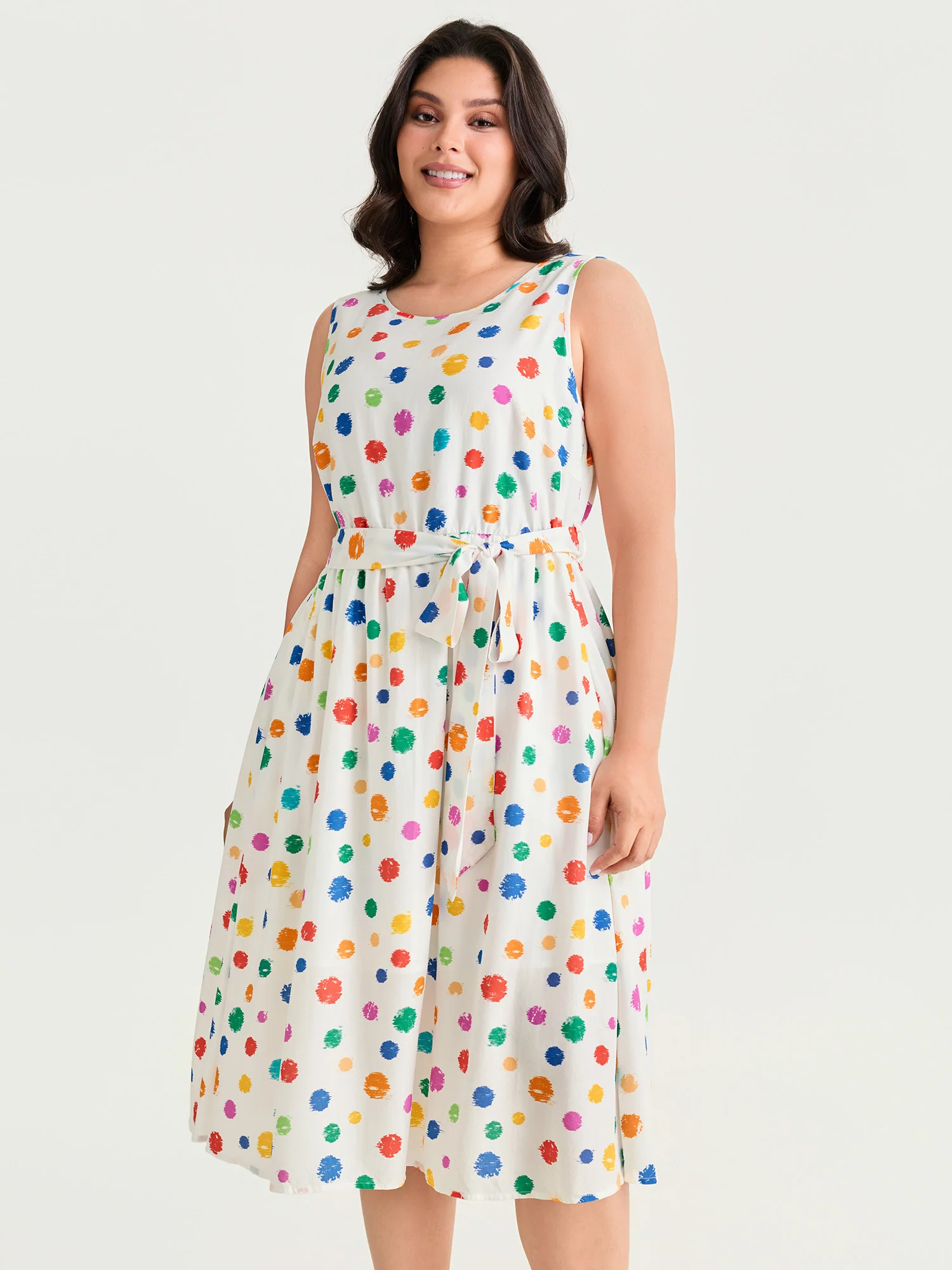 Colorful Polka Dot Waist Tie Midi Dress