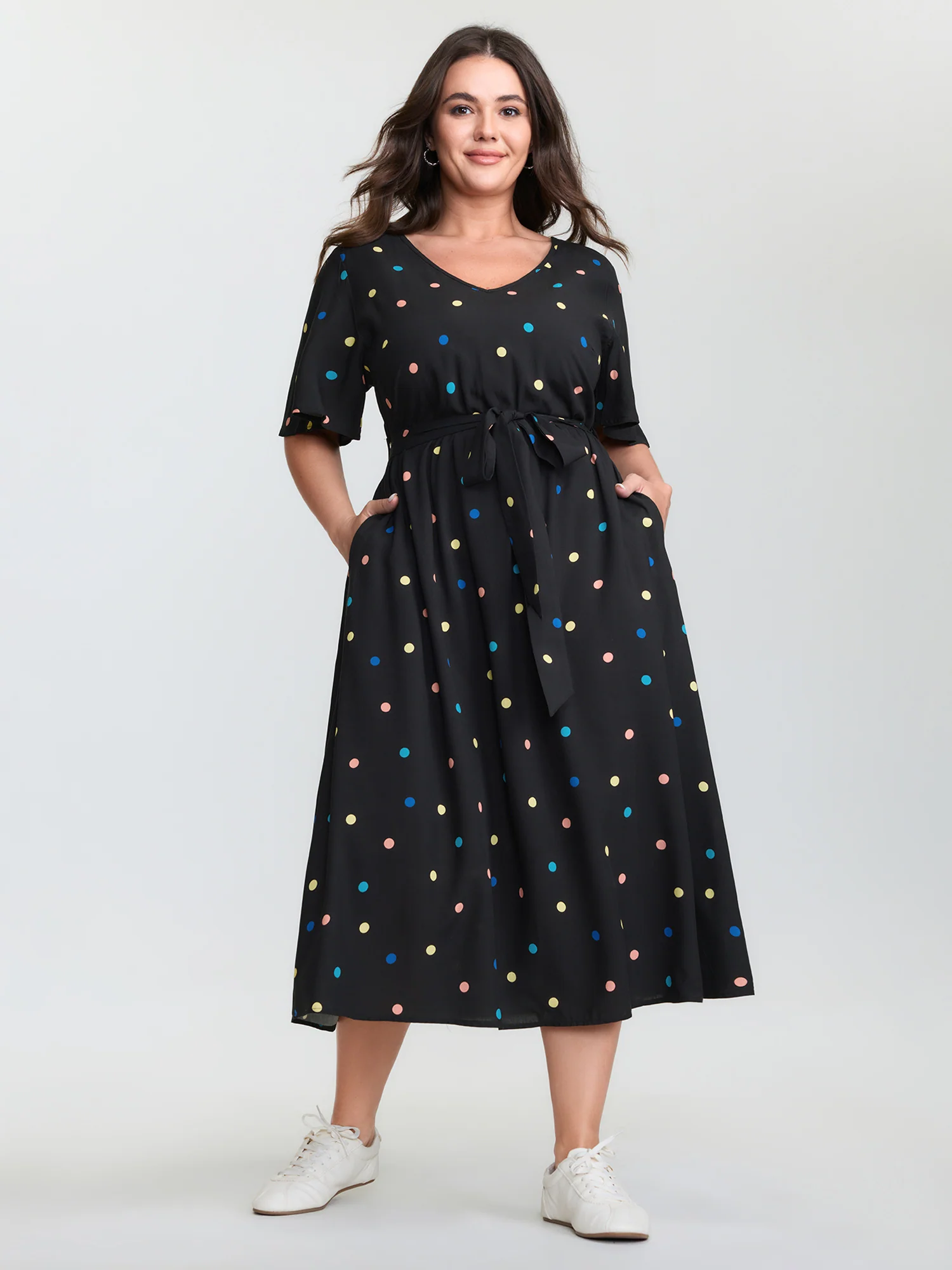 Colorful Polka Dots Belted Midi Dress