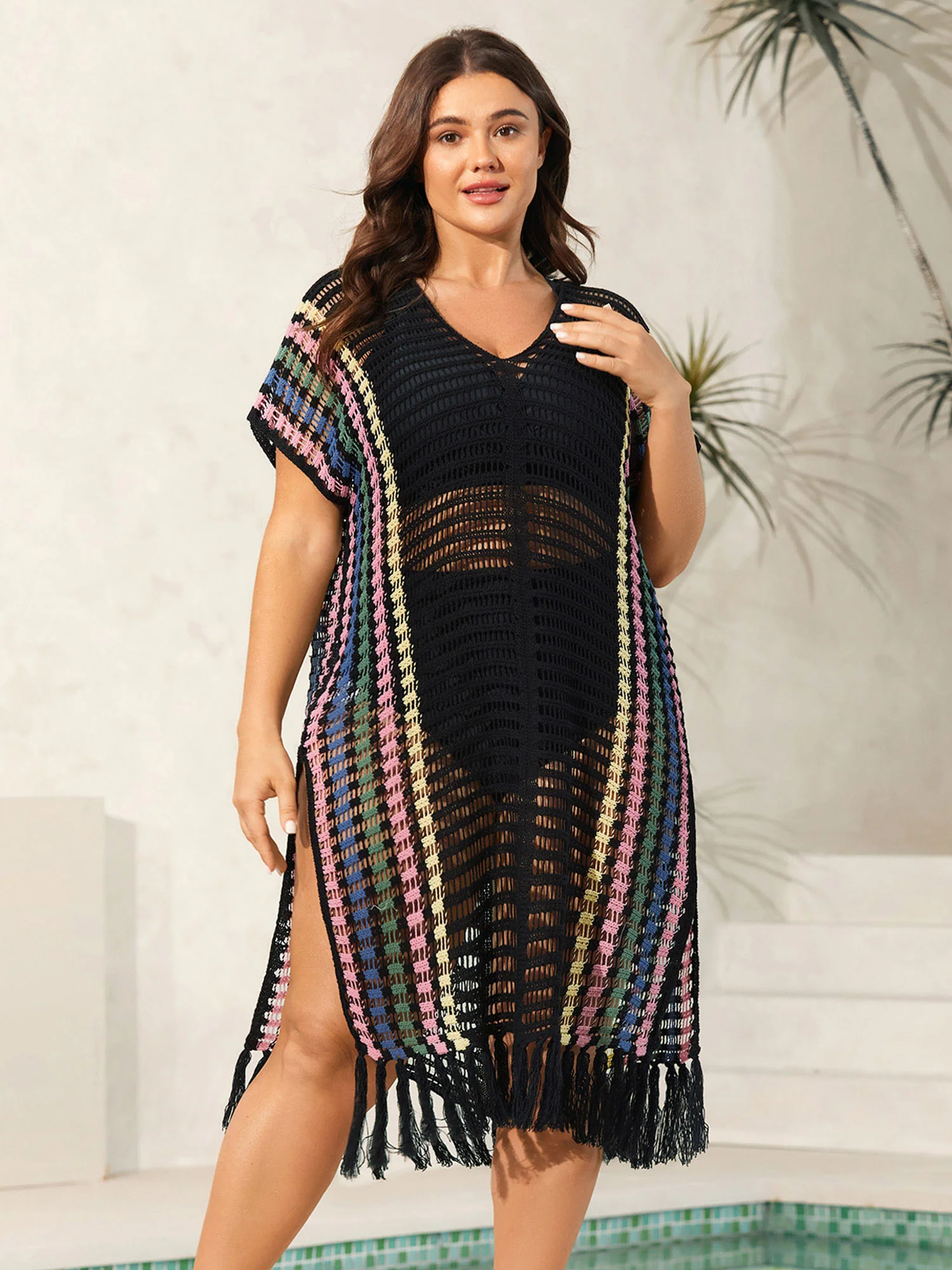 Colorful Stripes Cut-Out Tassel Swim Cover-Up