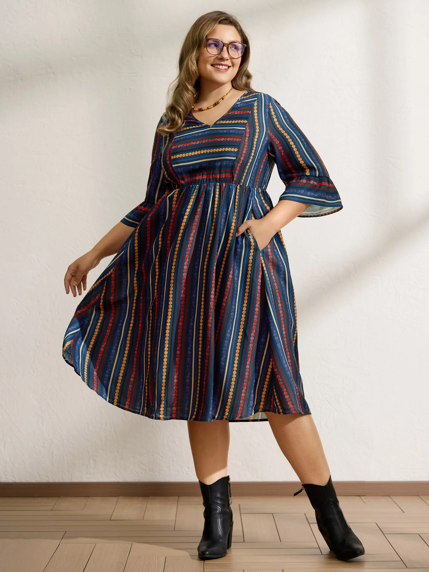 Colorful Stripes Stretchy Waist Midi Dress