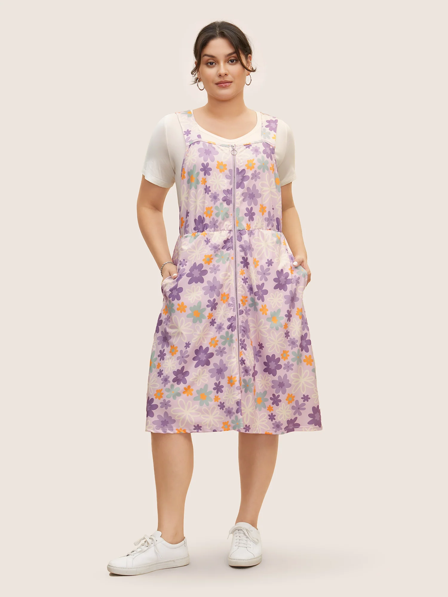 Contrast Floral Zipper Sleeveless Midi Dress