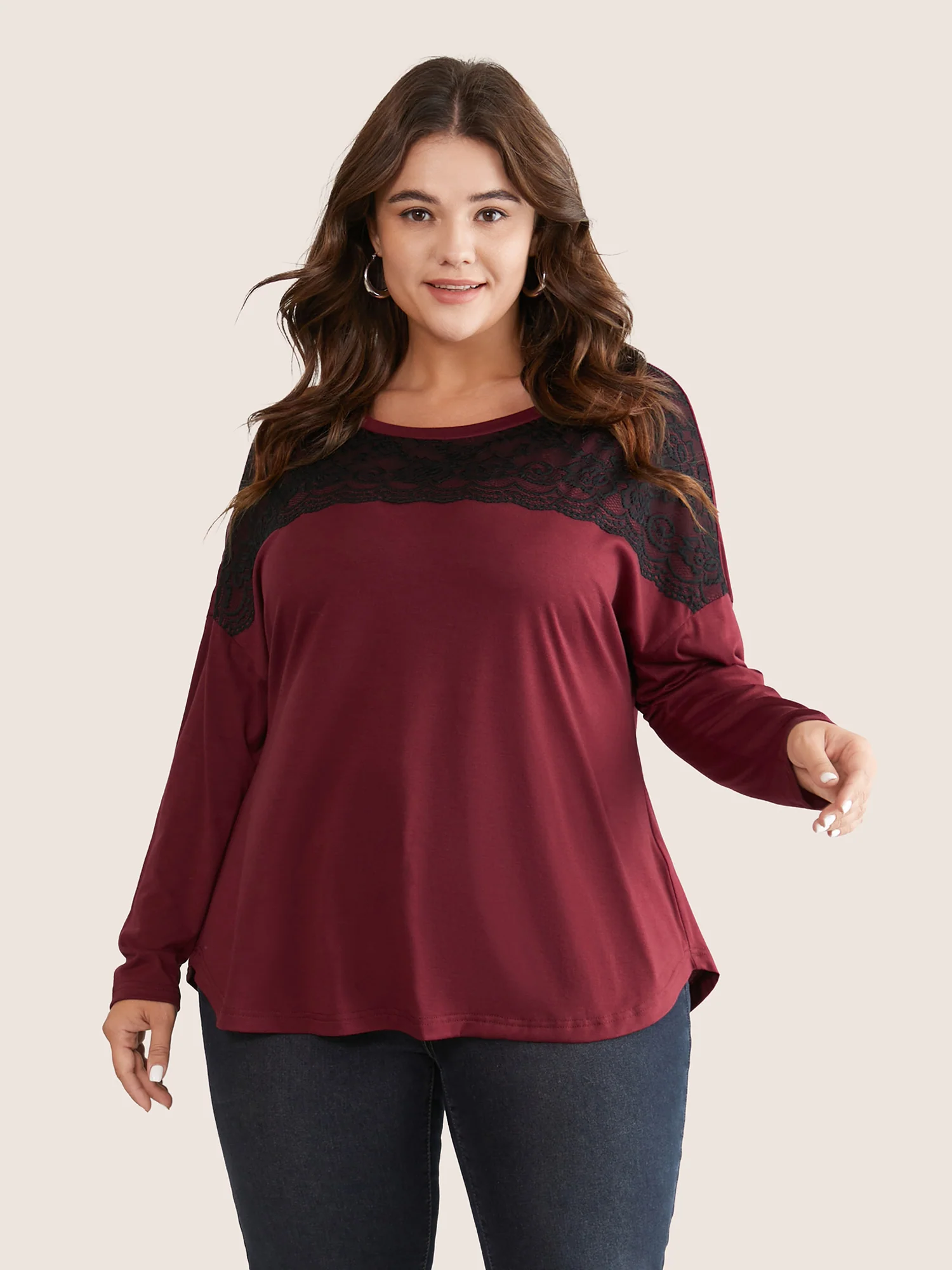 Contrast Lace Panel Drop Shoulder T-shirt