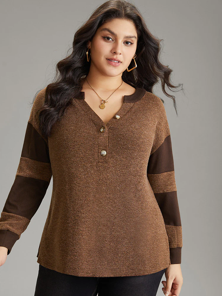 Contrast Patchwork Notched Button Up T-shirt