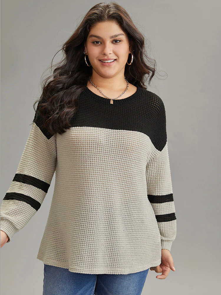 Contrast Waffle Knit Striped Round Neck T-shirt