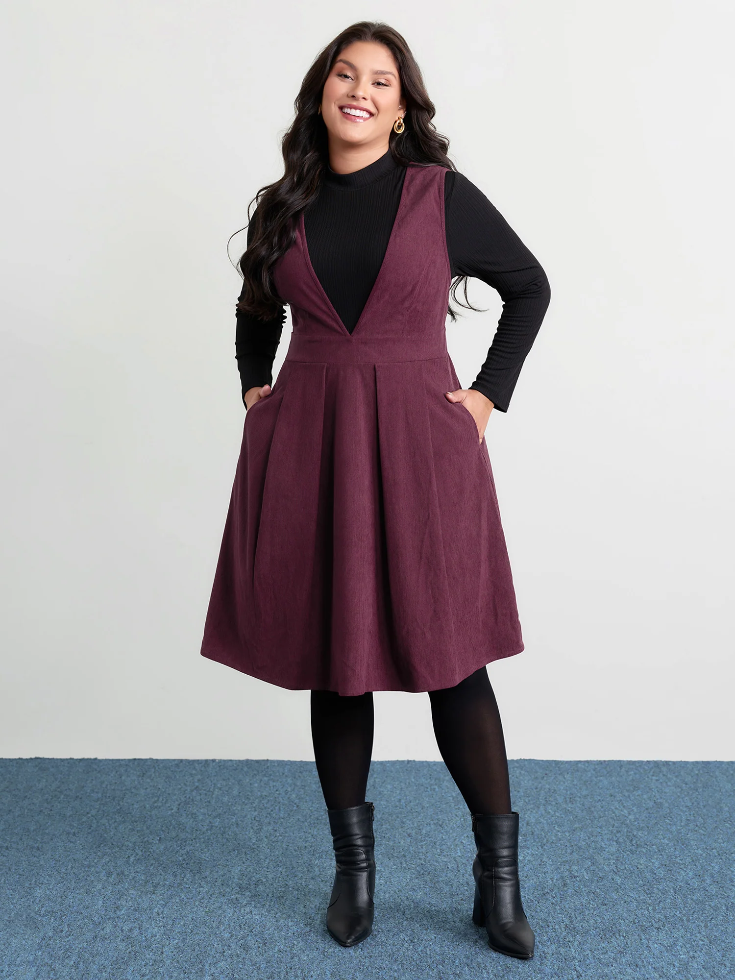 Corduroy Stretchy Waist V-Neck Mini Dress