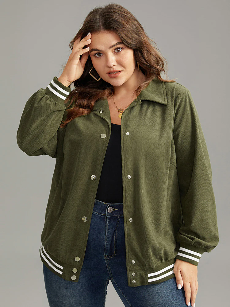 Corduroy Striped Trim Button Up Jacket