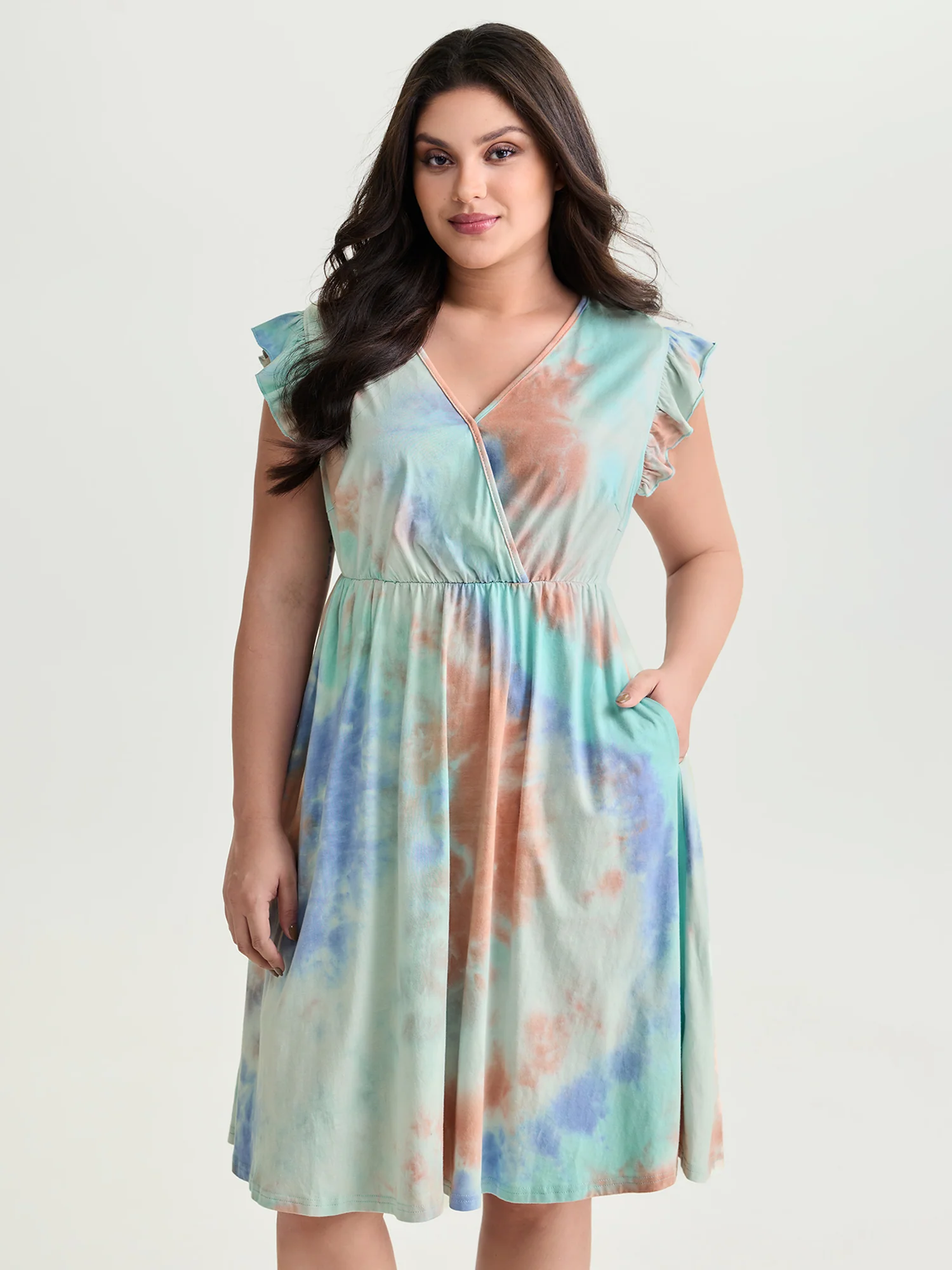 Cotton Color Gradient Wrap Neckline Midi Dress
