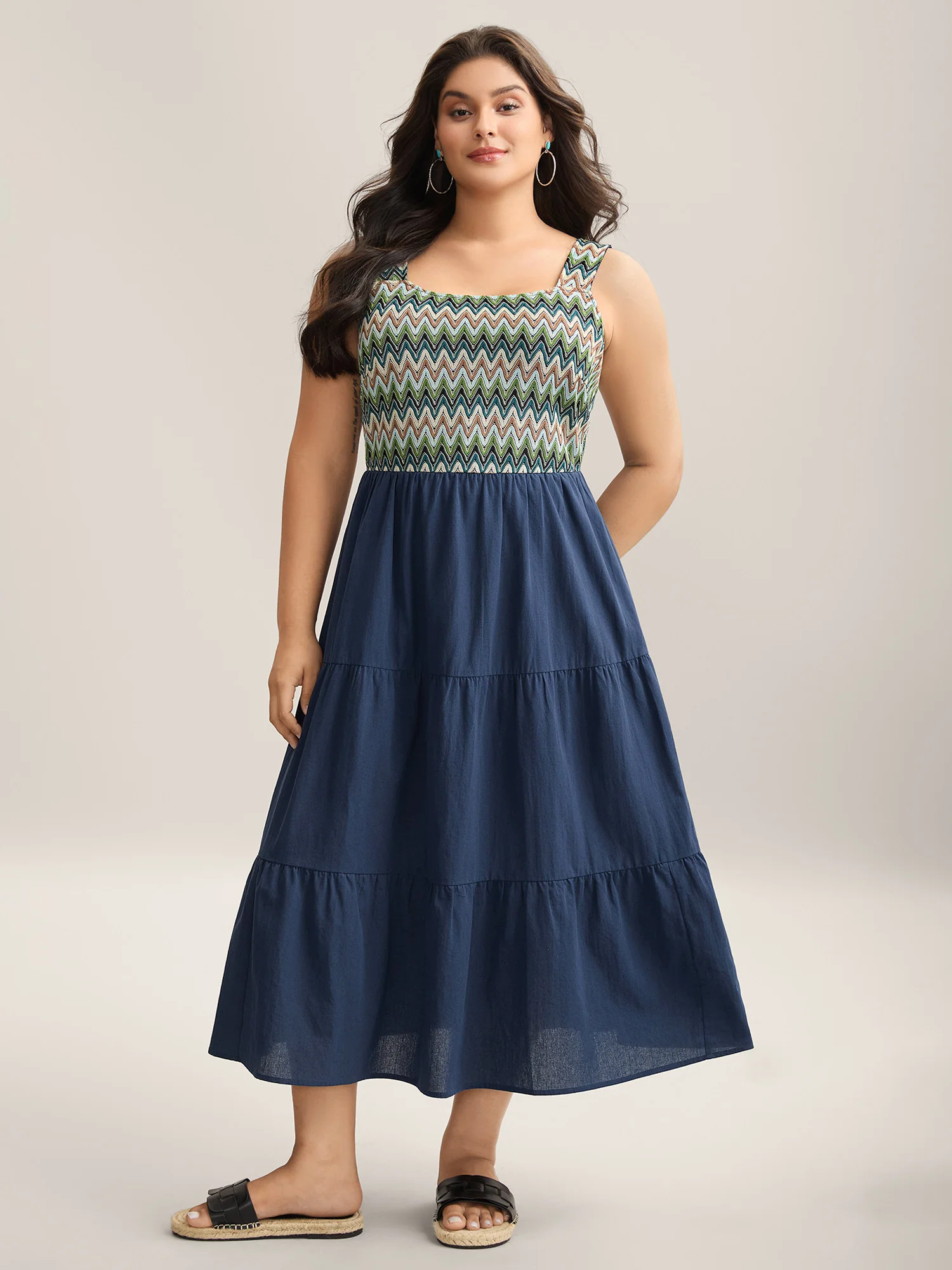 Cotton Crochet Stretchy Waist Pockets Midi Dress