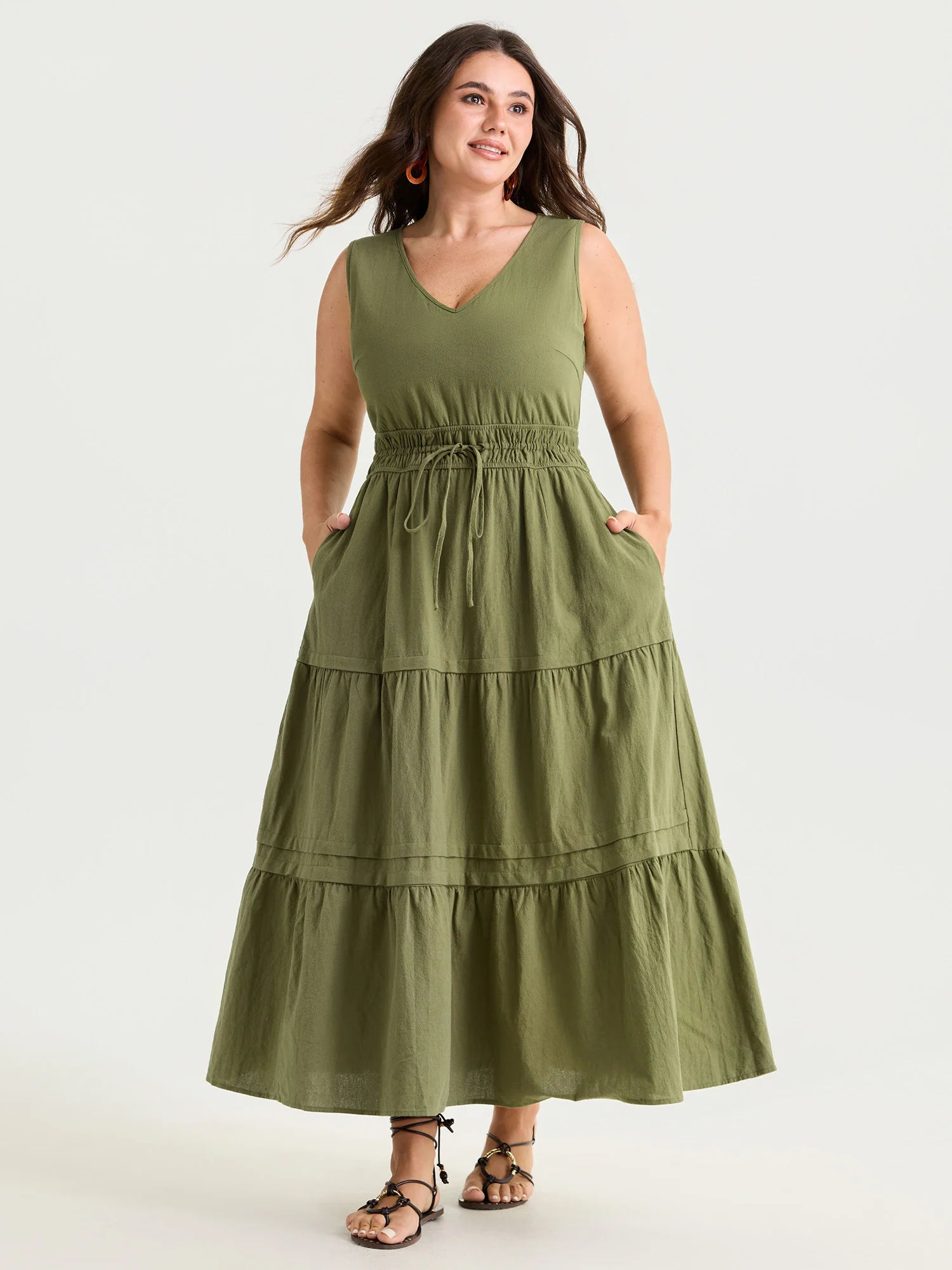 Cotton Drawstring Waist Tiered Maxi Dress