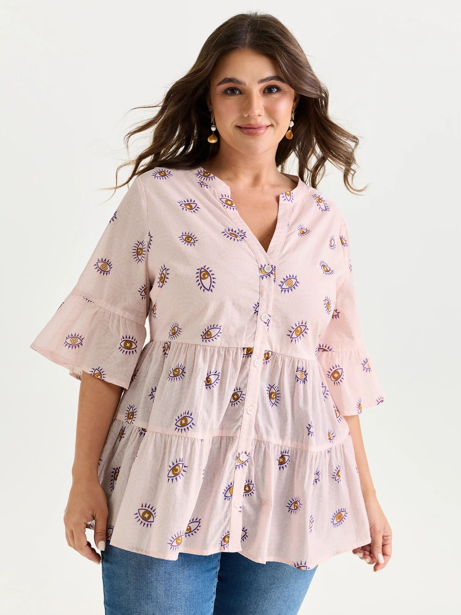 Cotton Eye Print Tiered Open-Front Shirt