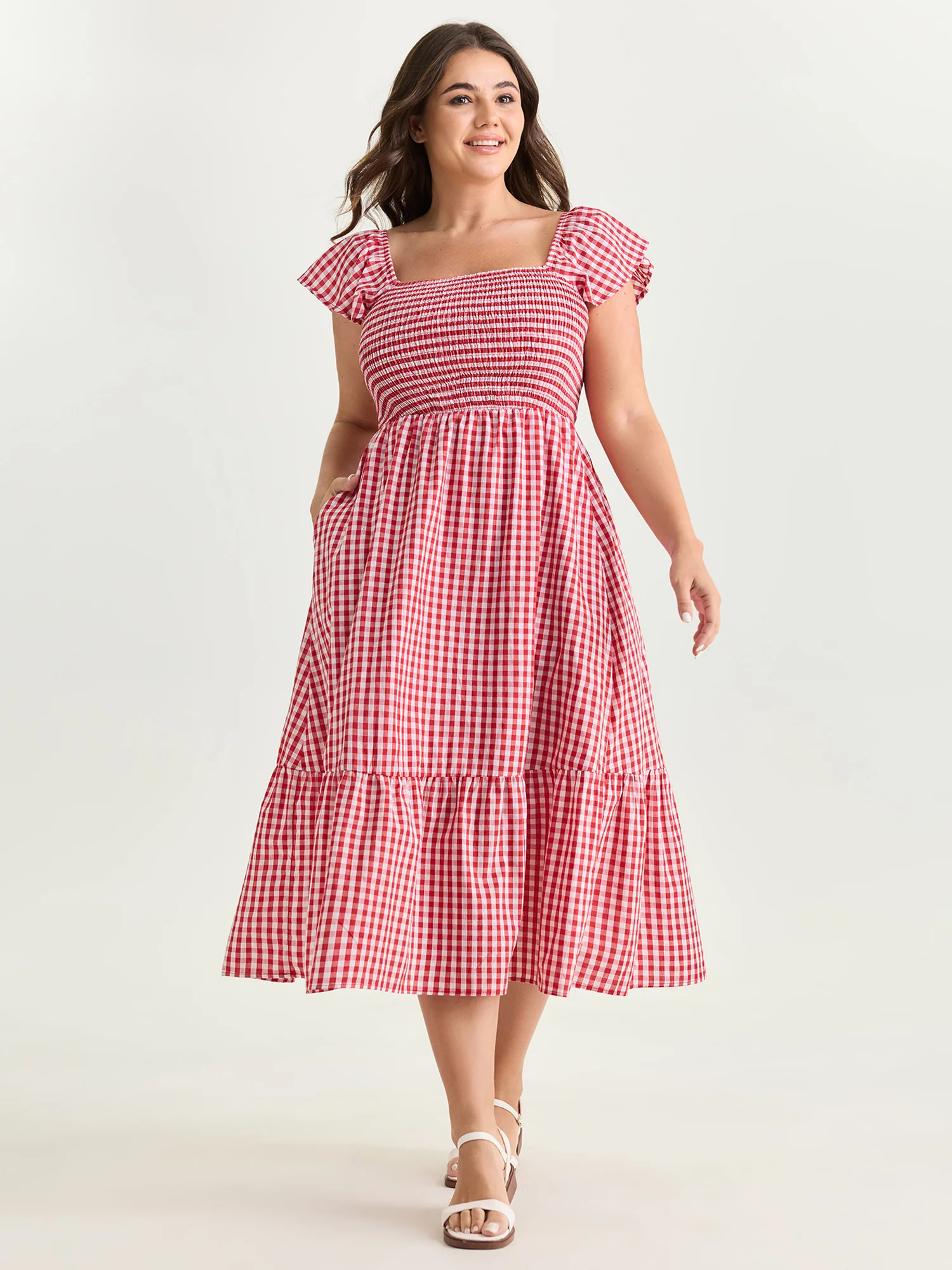 Cotton Gingham Print Shirred Bodice Midi Dress
