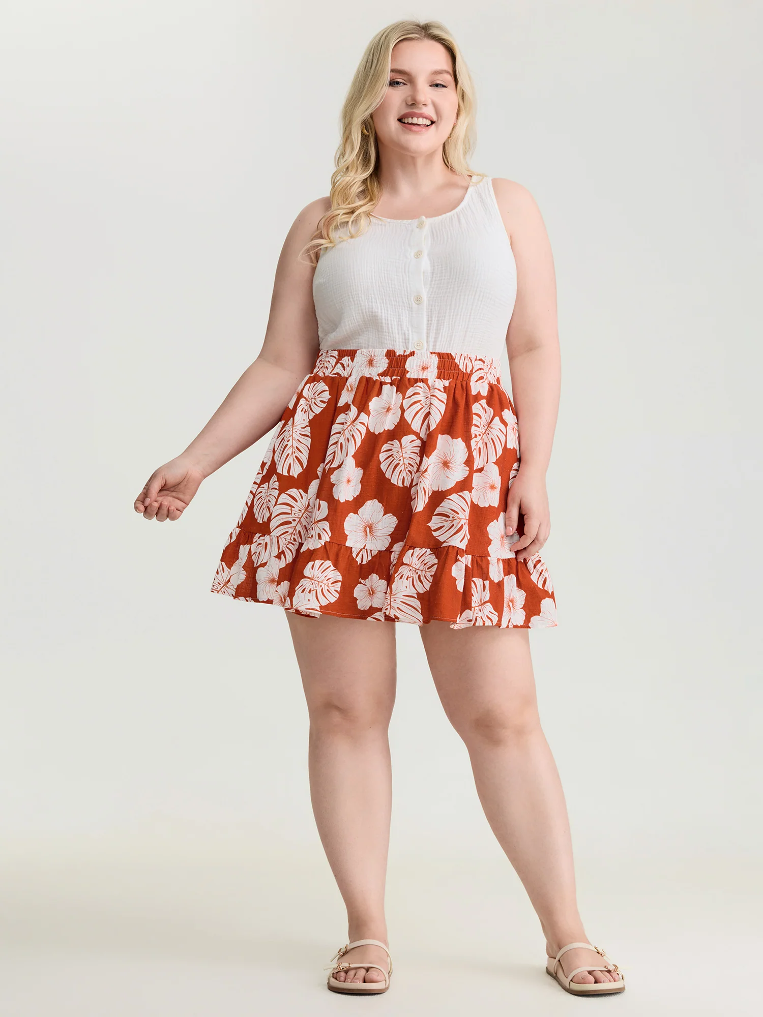 Cotton Large Floral Print Flowy Midi Skirt
