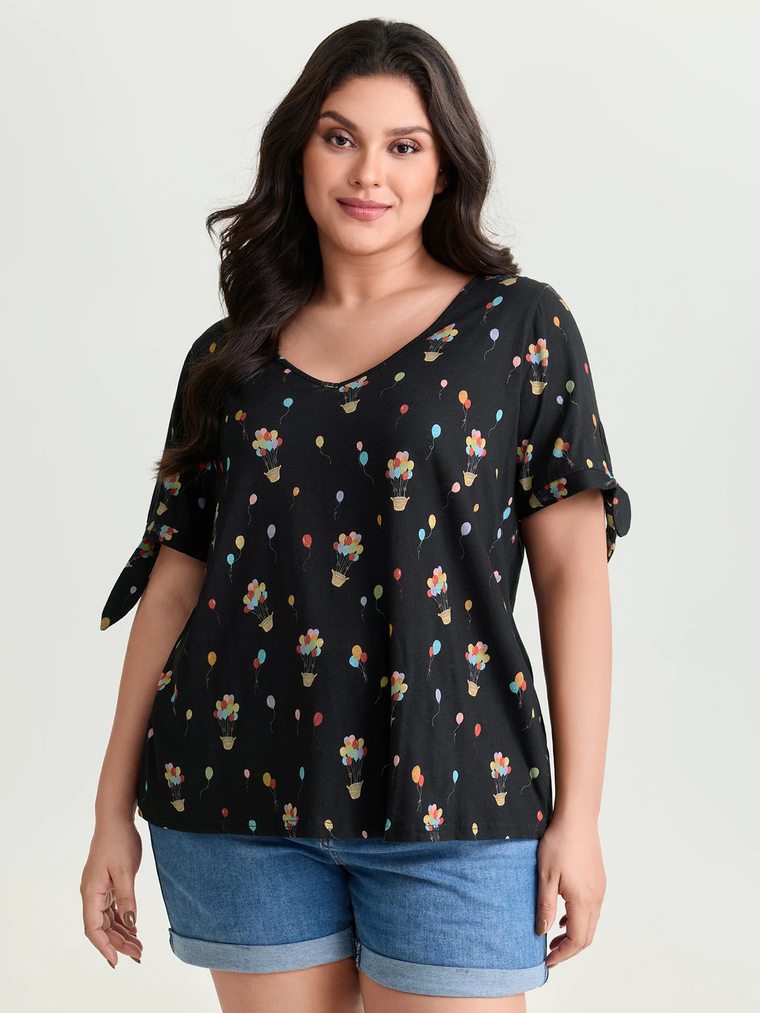 Cotton Multi-Color Balloons Print Sleeve-Tie T-Shirt