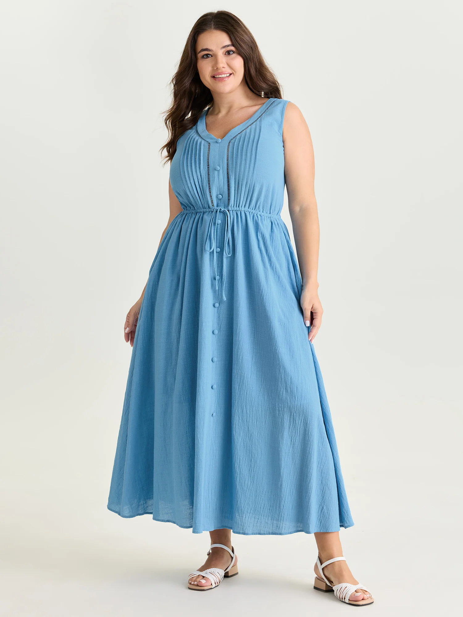 Cotton Pleated Bodice Button Detail Maxi Dress