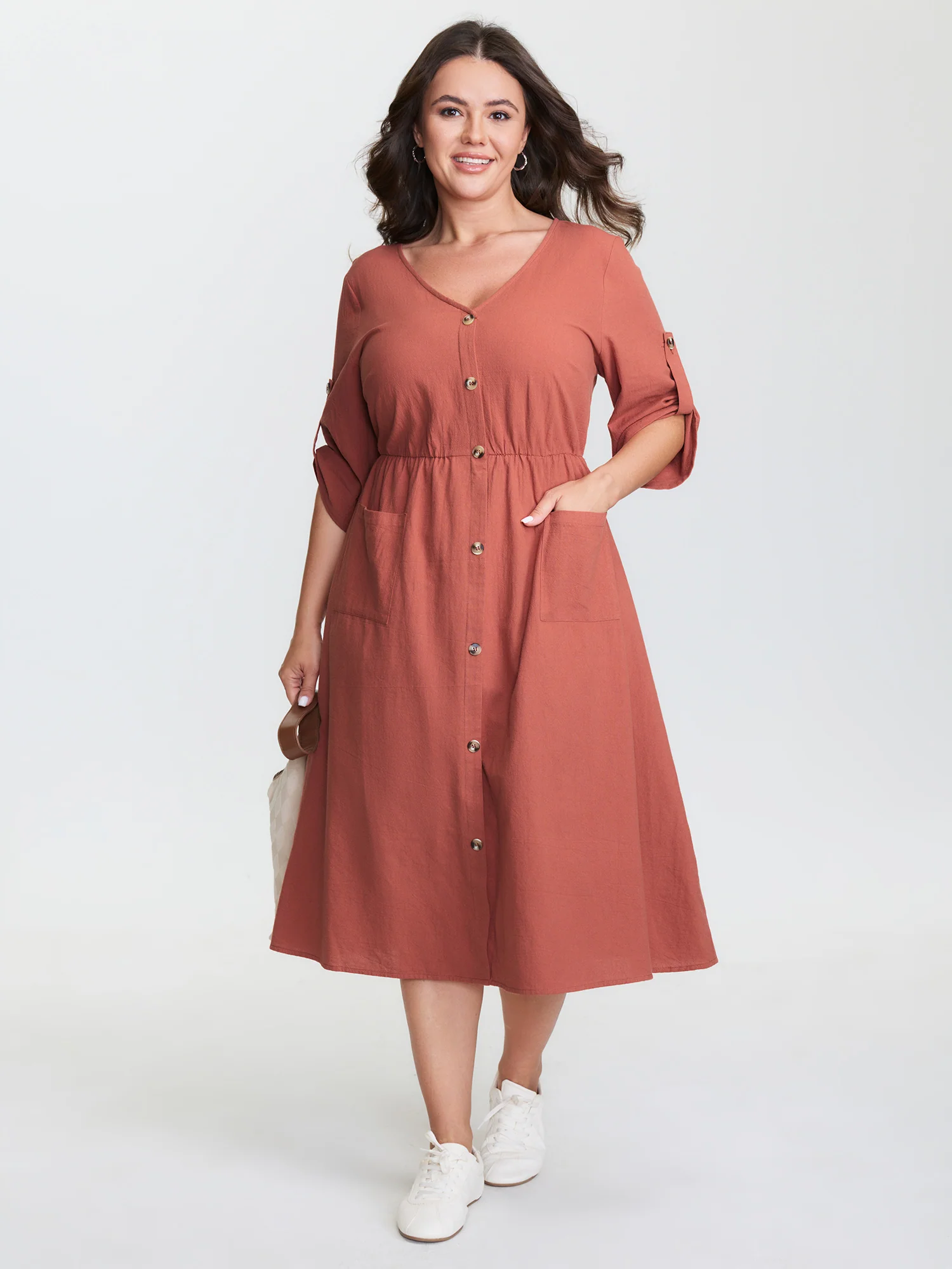 Cotton Pockets Button Detail Midi Dress