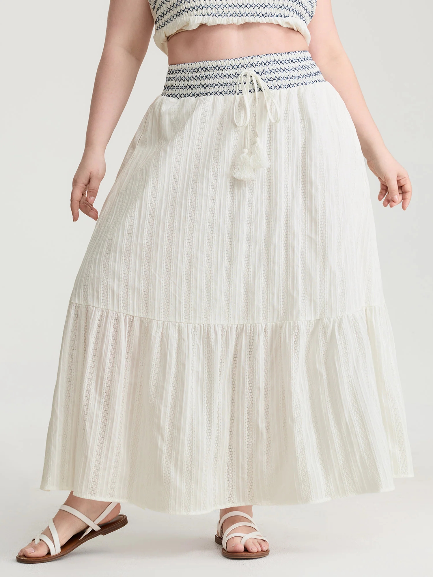Cotton Shirred Contrast Waist Pockets Maxi Skirt