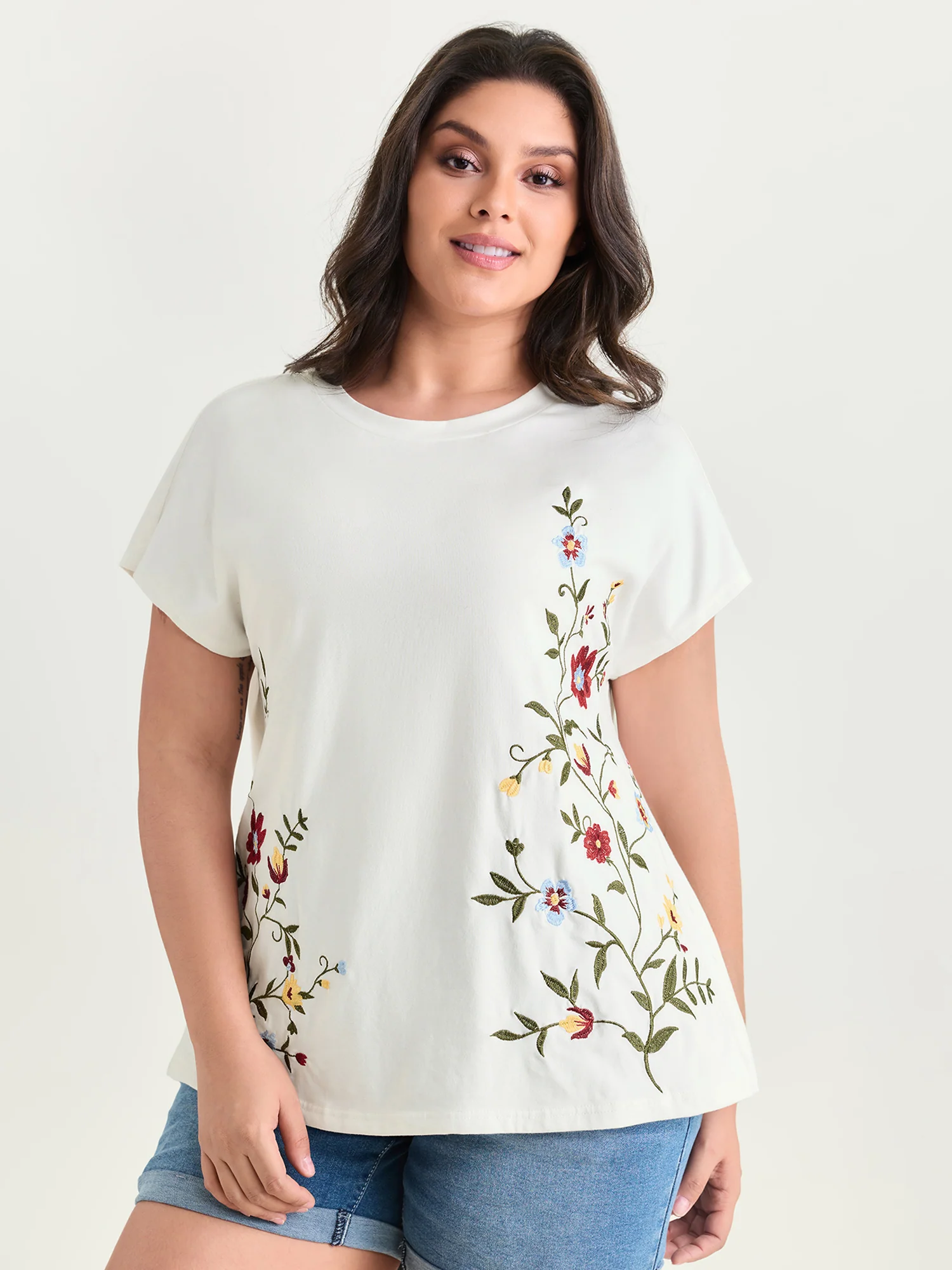 Cotton Stretchy Floral Embroidered Plain T-Shirt