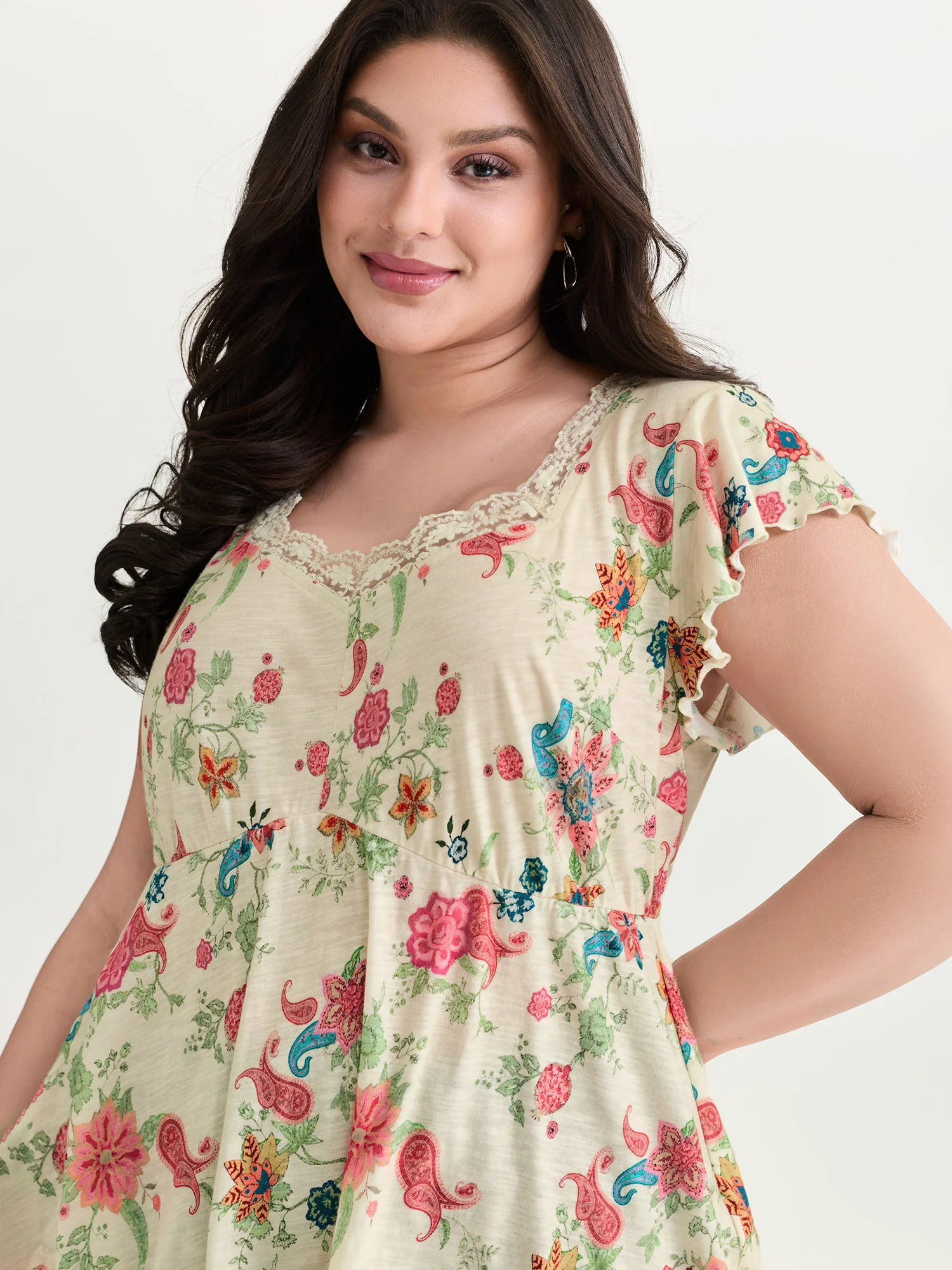 Cotton Stretchy Floral Paisley Print Knit Top - Image 2