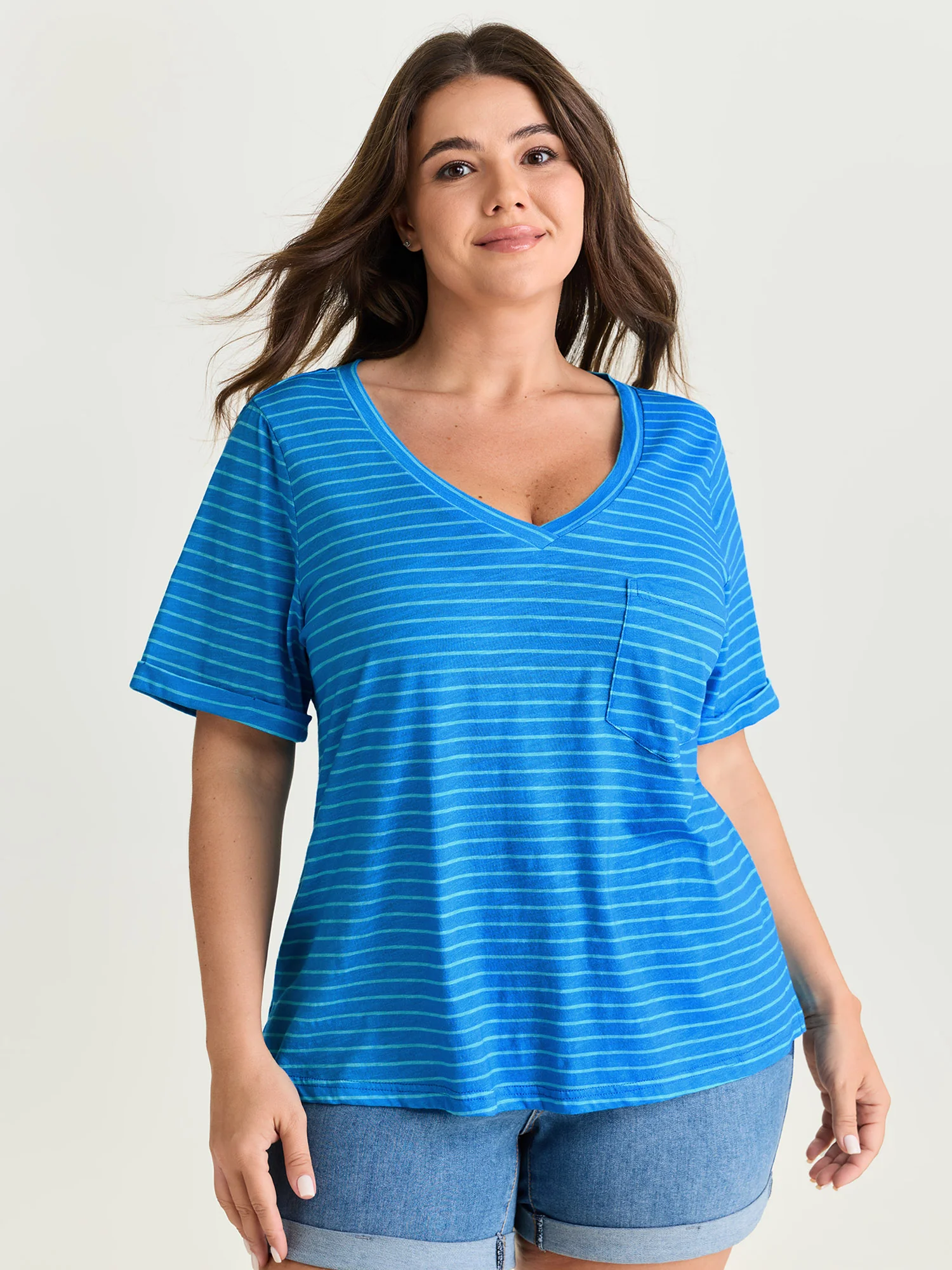 Cotton Stretchy Striped Print V-Neck T-Shirt