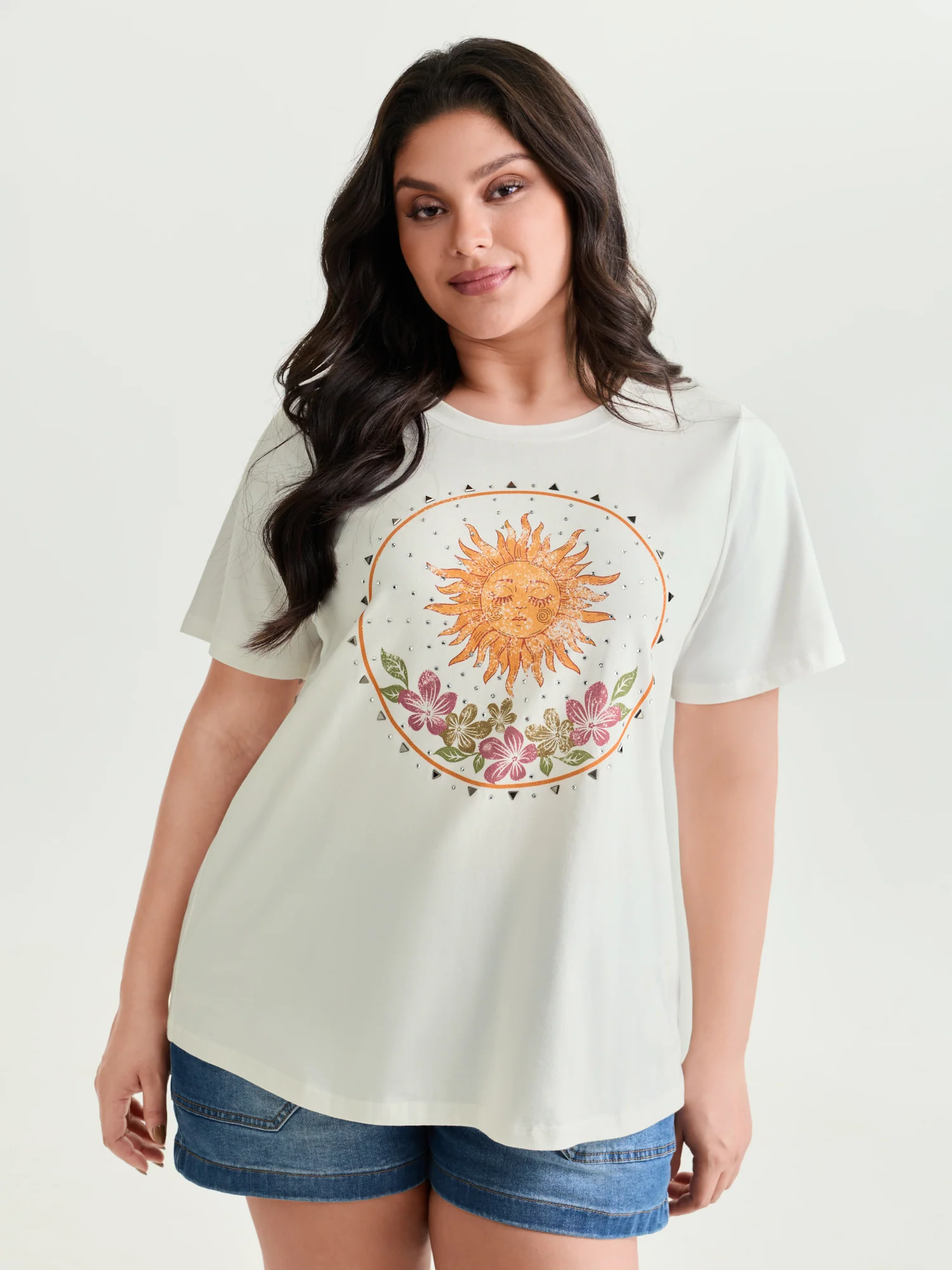 Cotton Sunshine Floral Print Rhinestone T-Shirt