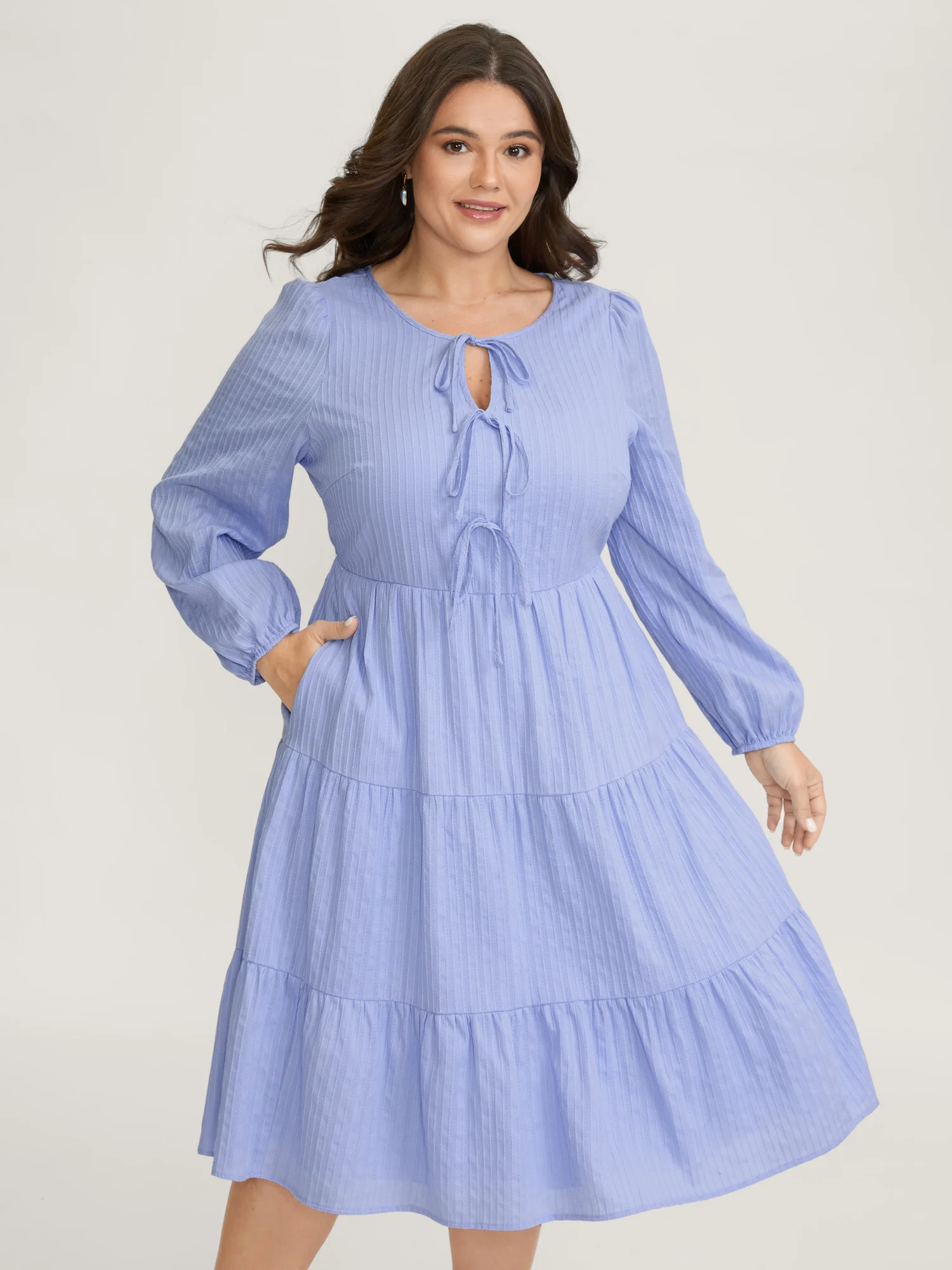Cotton Textured Bow-Tie Detail Tiered Midi Dress