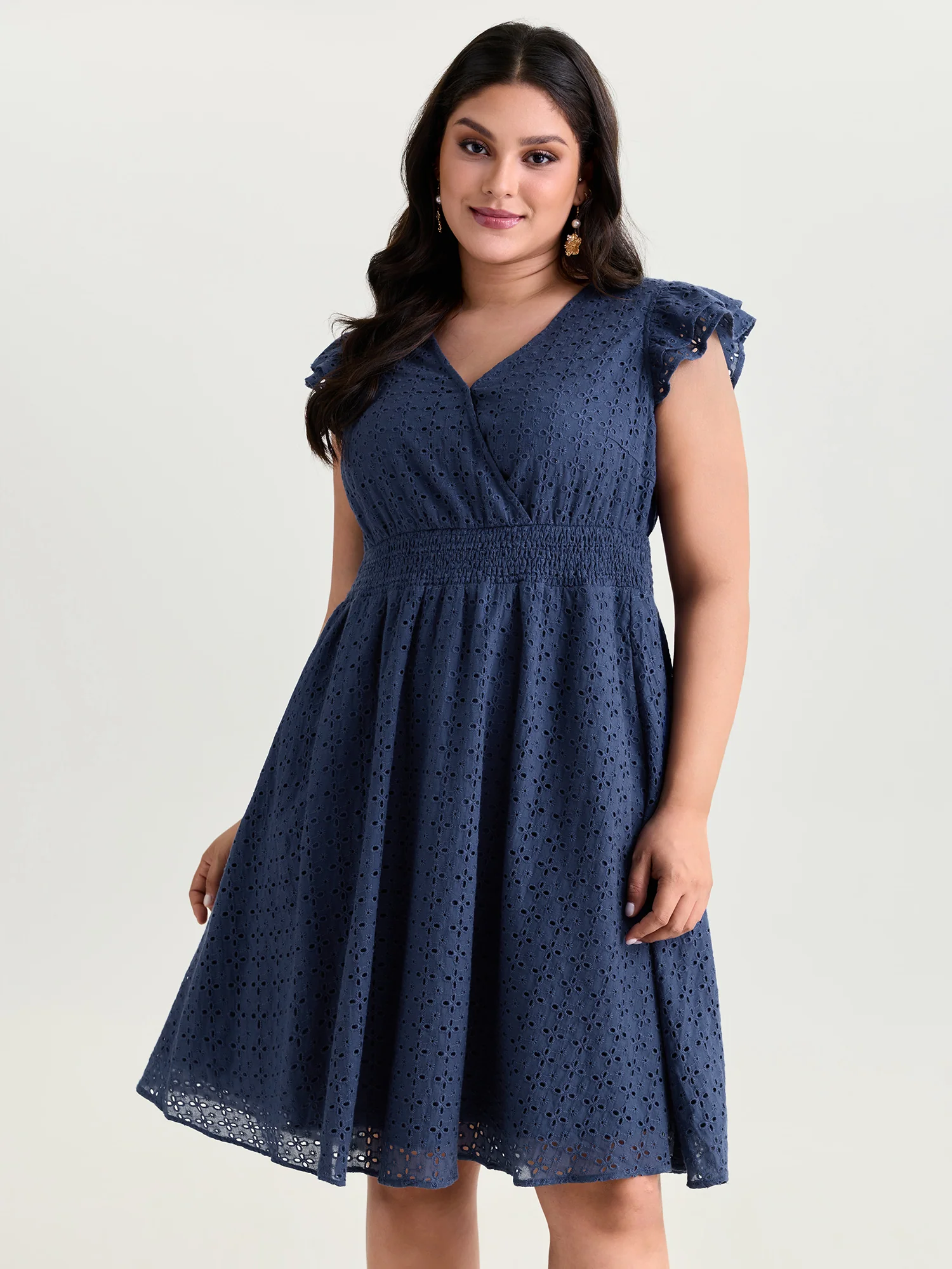 Cotton Textured Wrap Neckline Layered Sleeve Mini Dress