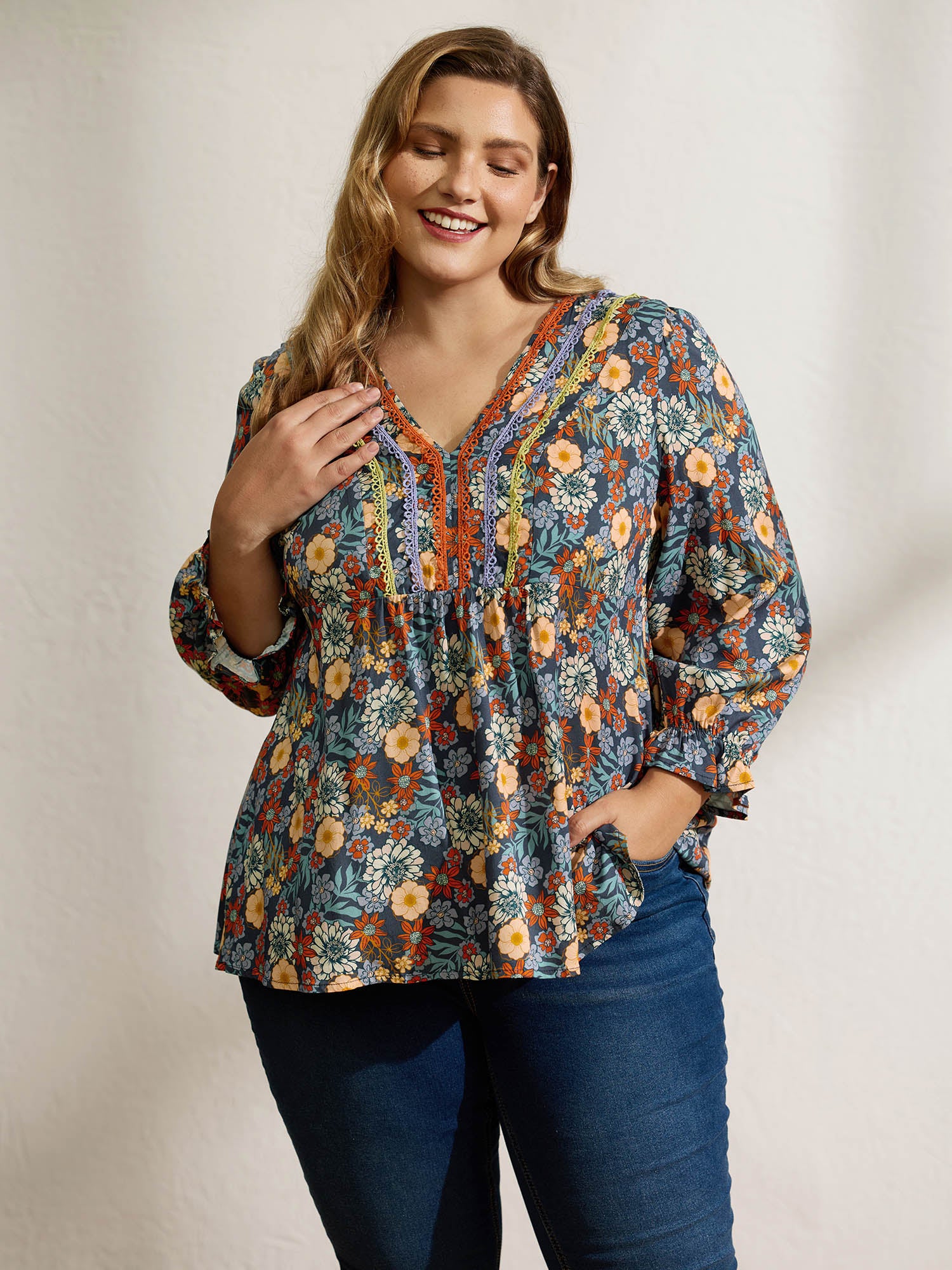 Cozy Floral Print Lace Trim Blouse