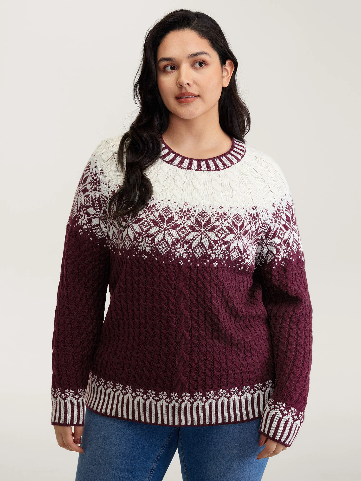 Cozy Textured Contrast Ribbed Hem Pullover