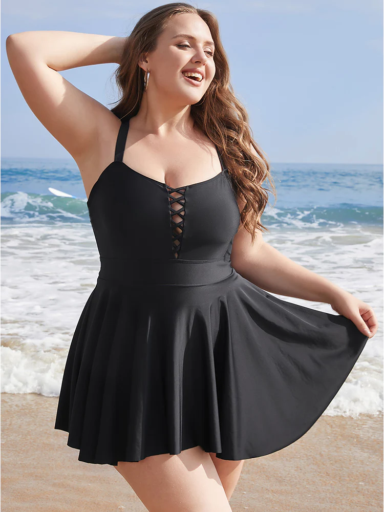 Crisscross Cut Out Sculpt Waist Ruffle Hem Swim Dress