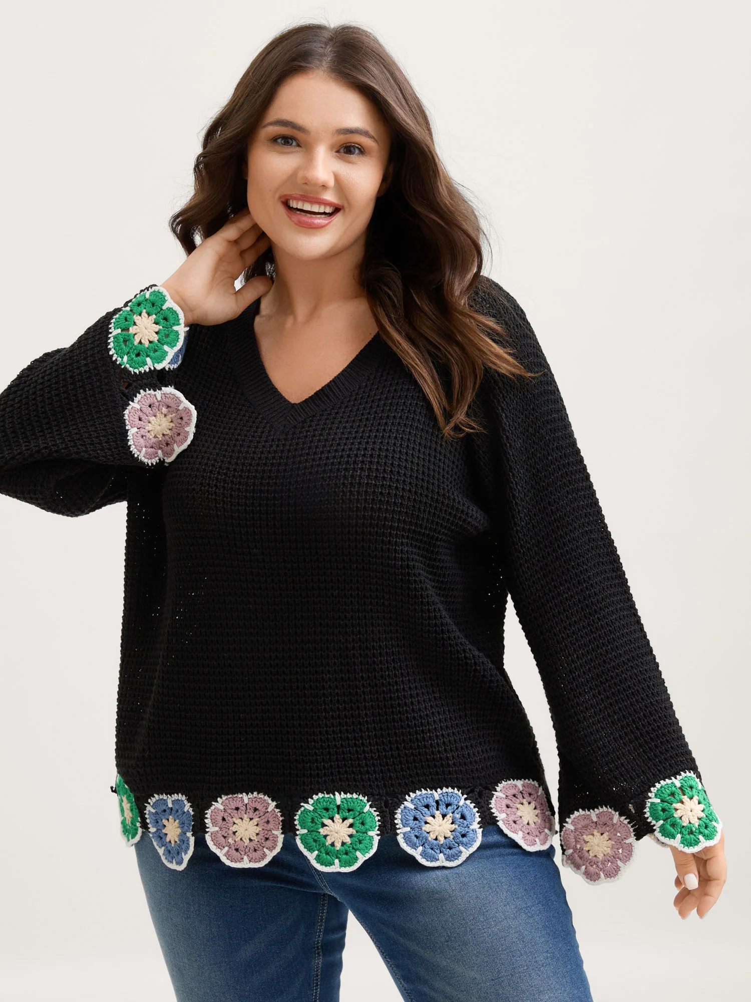 Crochet Floral Hem V-Neck Pullover