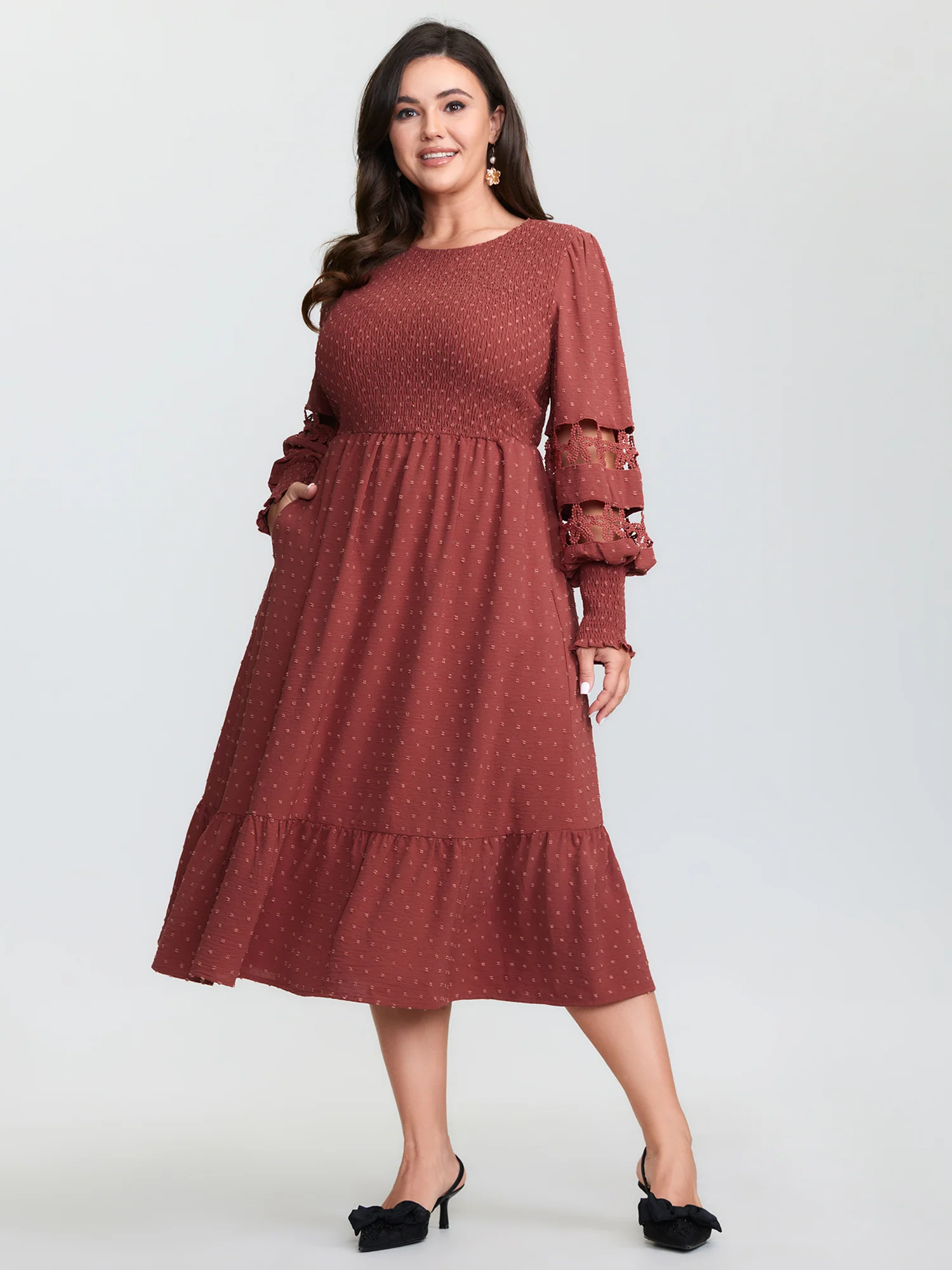 Cut-Out Lace Textured Pockets Midi Dress