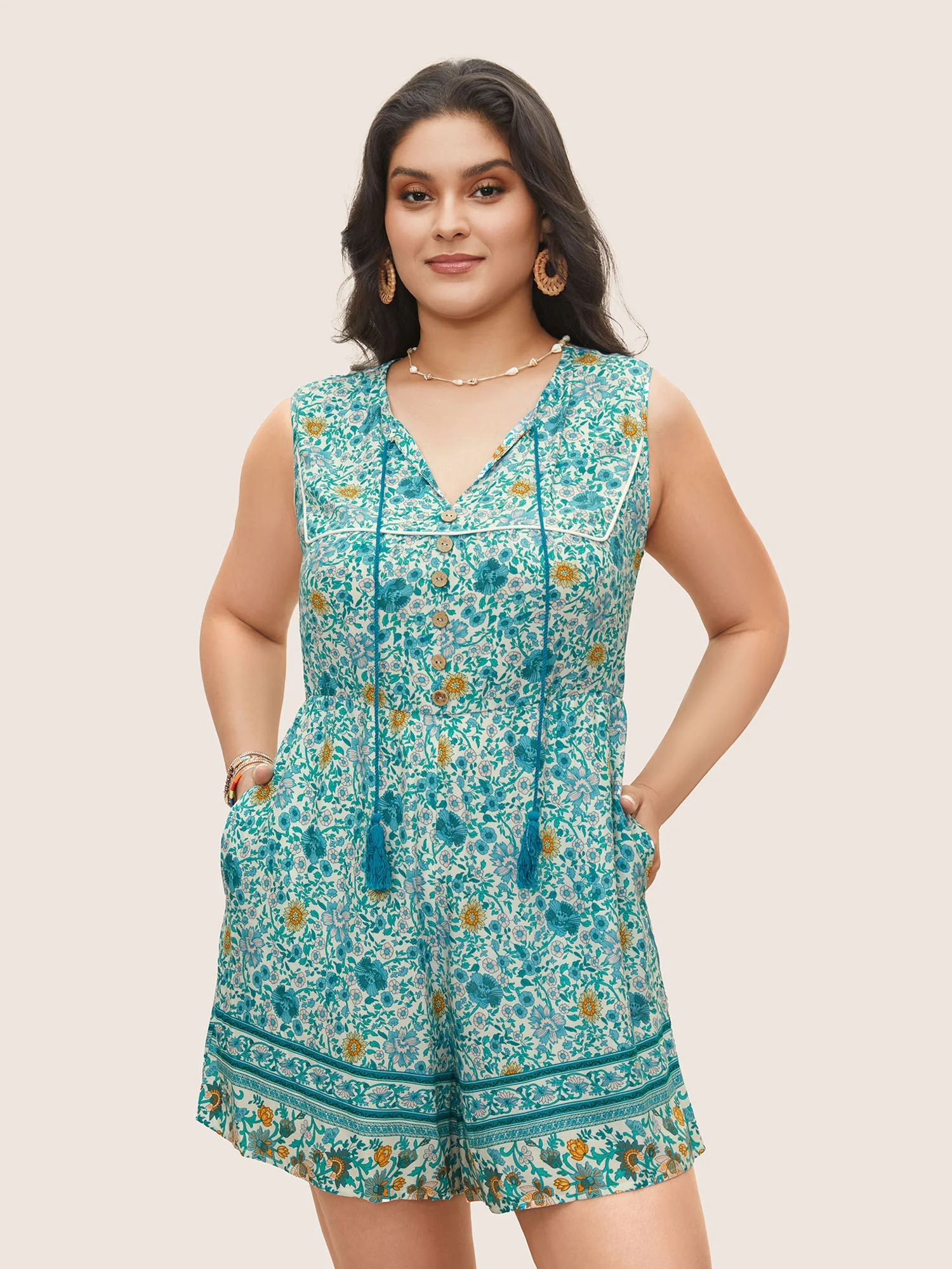 Ditsy Floral Button Detail Ties Tassel Trim Jumpsuit