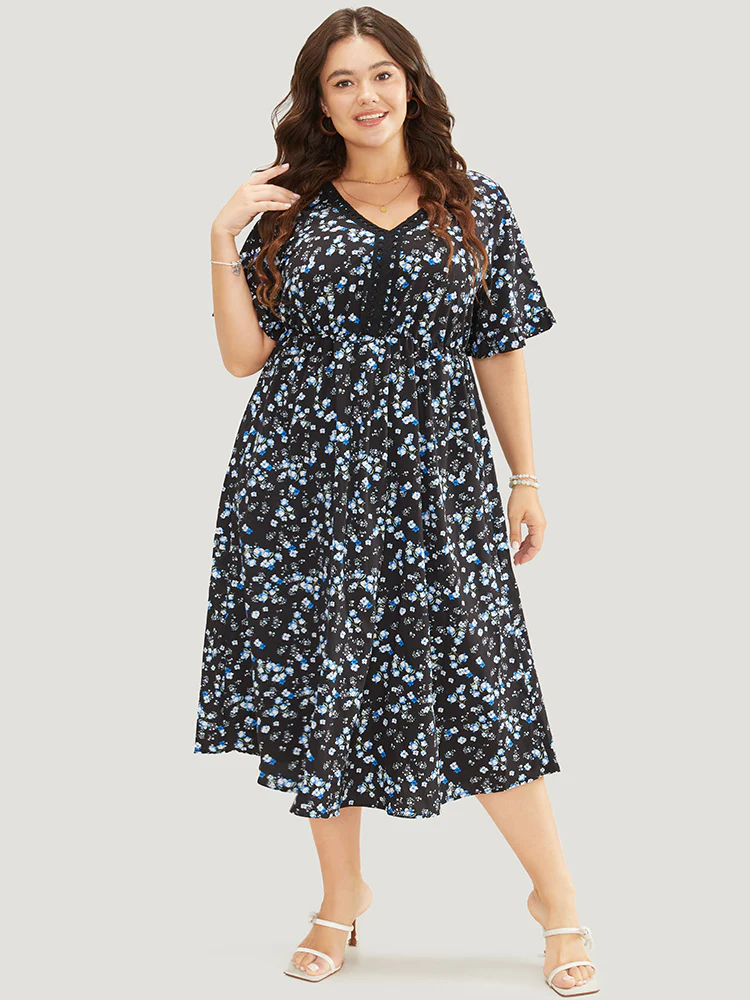 Ditsy Floral Dolman Sleeve Tassels Contrast Lace Pocket Split Dress