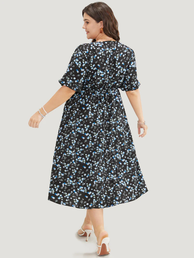 Ditsy Floral Dolman Sleeve Tassels Contrast Lace Pocket Split Dress - Image 2
