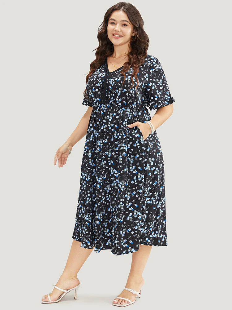 Ditsy Floral Dolman Sleeve Tassels Contrast Lace Pocket Split Dress - Image 4
