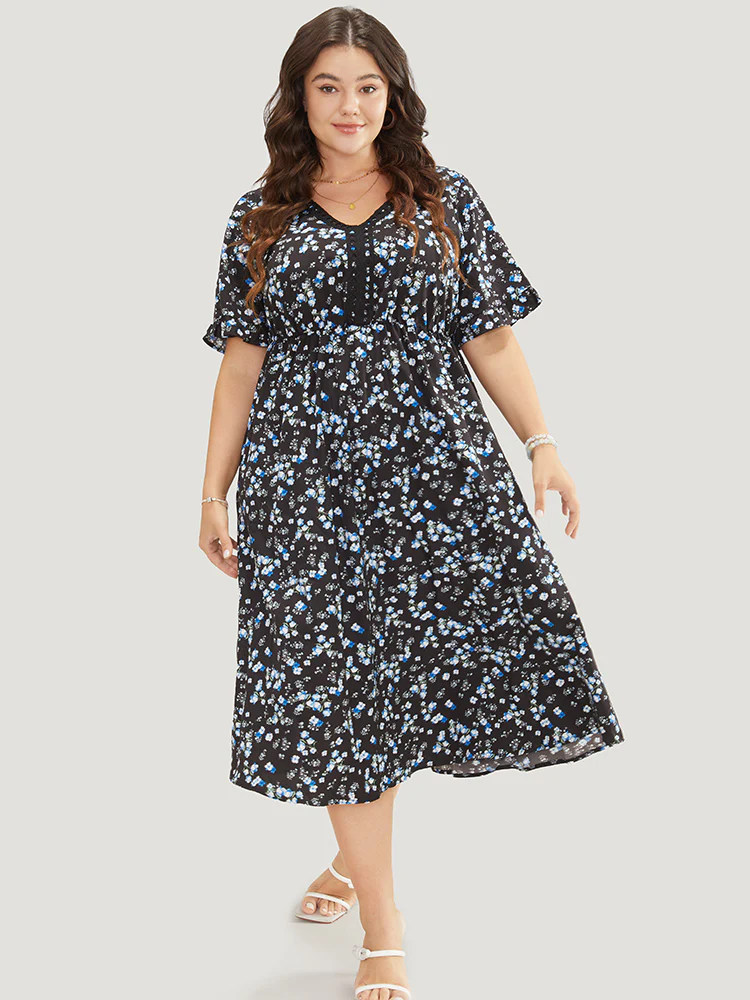 Ditsy Floral Dolman Sleeve Tassels Contrast Lace Pocket Split Dress - Image 5