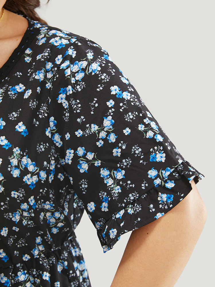 Ditsy Floral Dolman Sleeve Tassels Contrast Lace Pocket Split Dress - Image 8