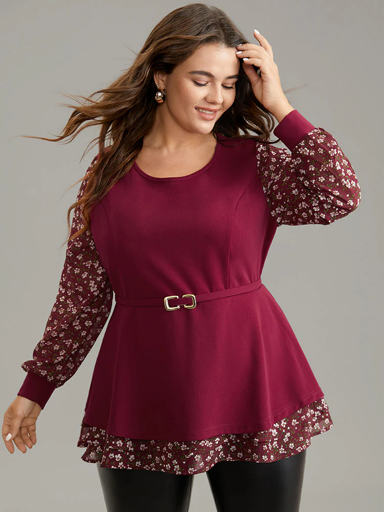 Ditsy Floral Patchwork Layered Metal Buckle Detail Blouse