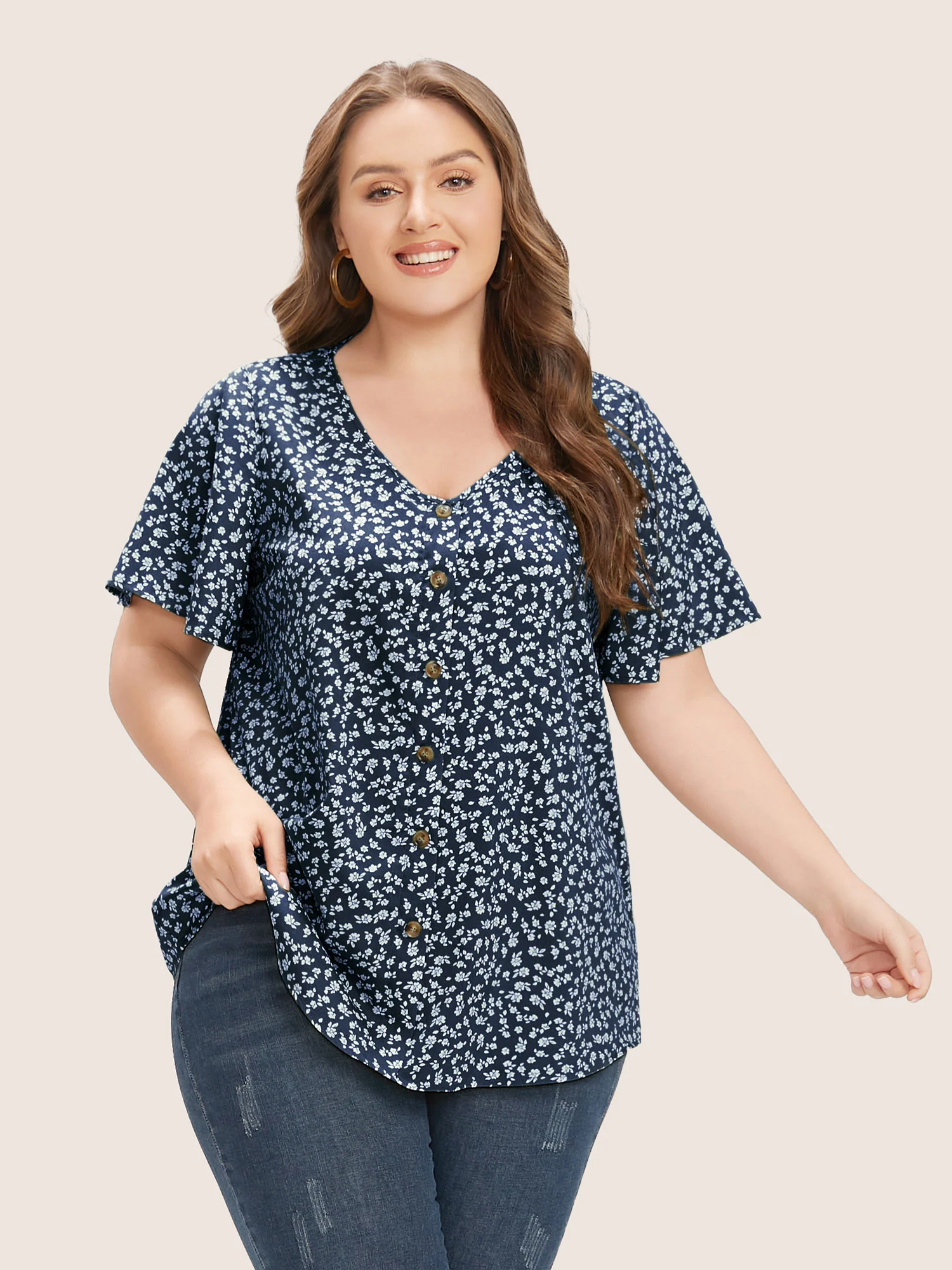 Ditsy Floral Ruffle Sleeve Button Detail Blouse