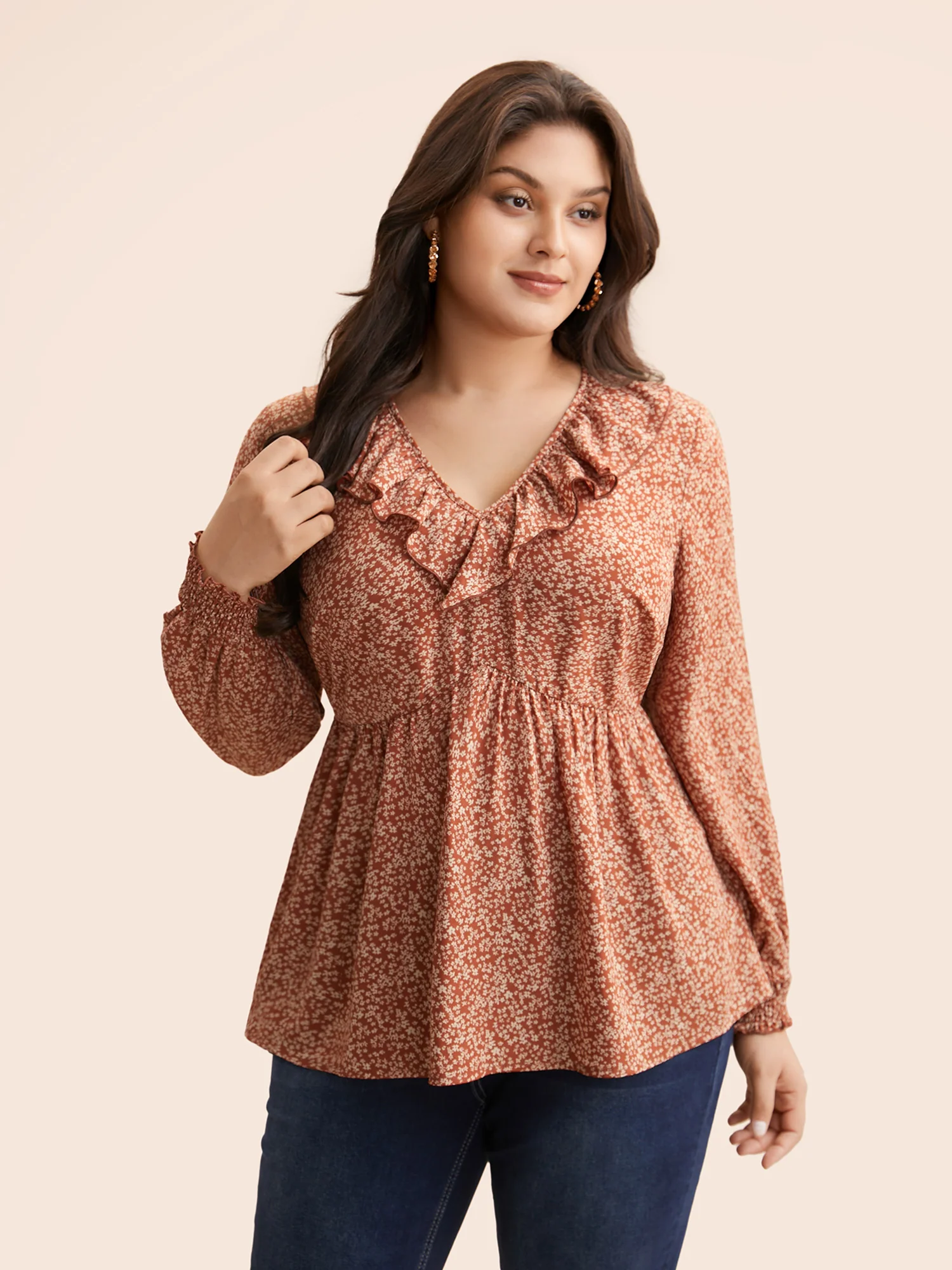 Ditsy Floral Ruffle Trim Shirred Blouse