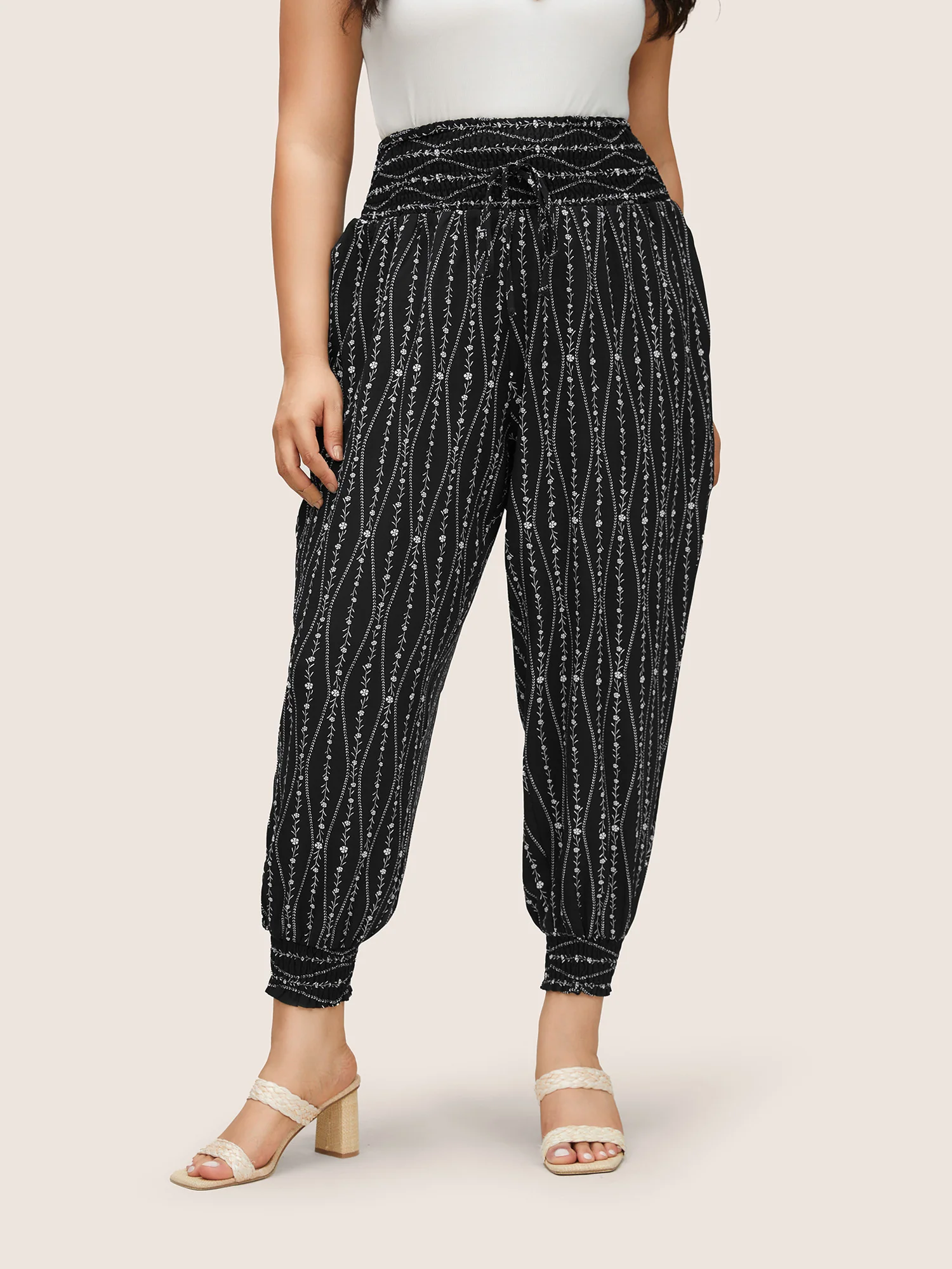 Ditsy Floral Shirred Ties High Rise Harem Pants